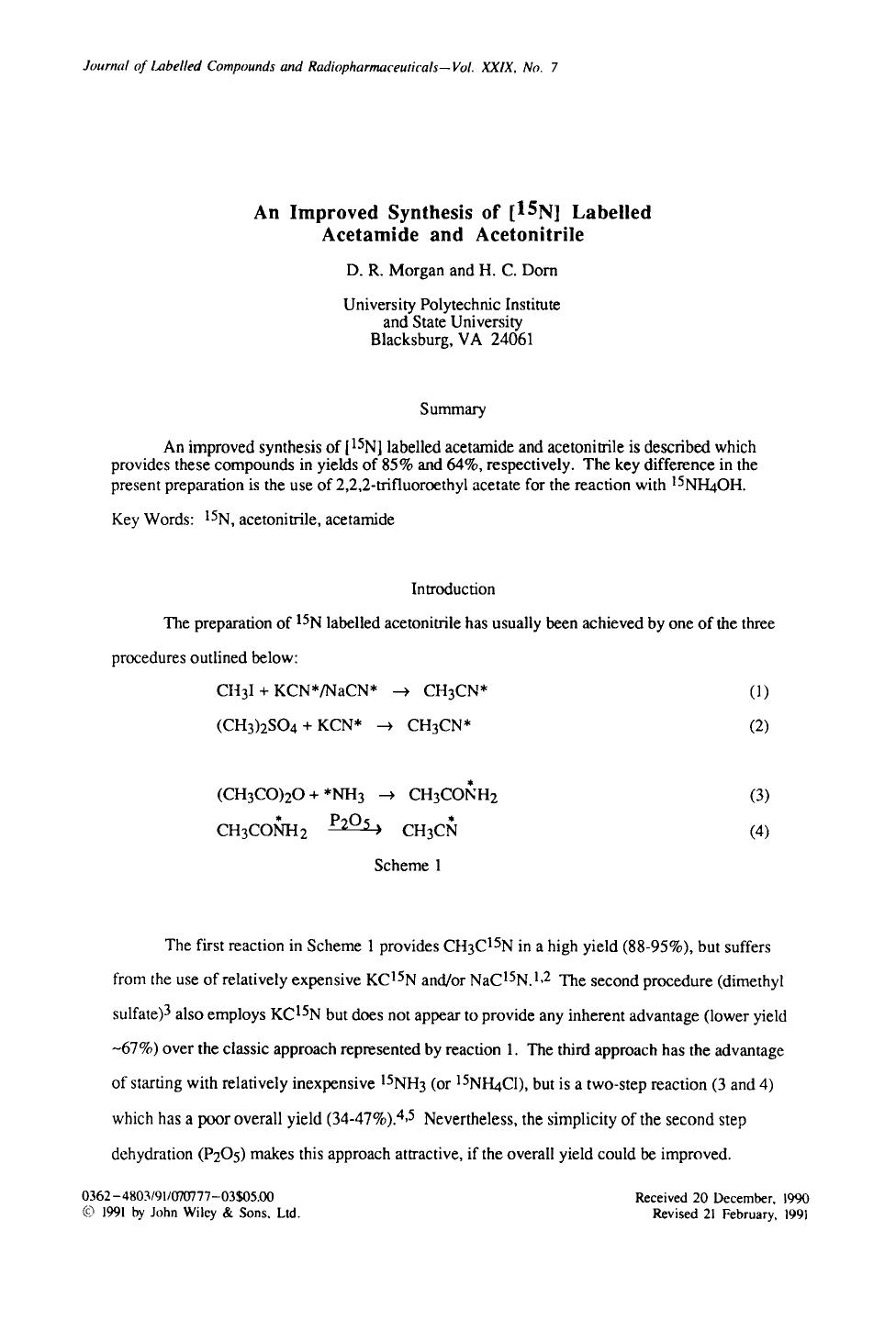 An improved synthesis of [15N] labelled acetamide and acetonitrile by Unknown