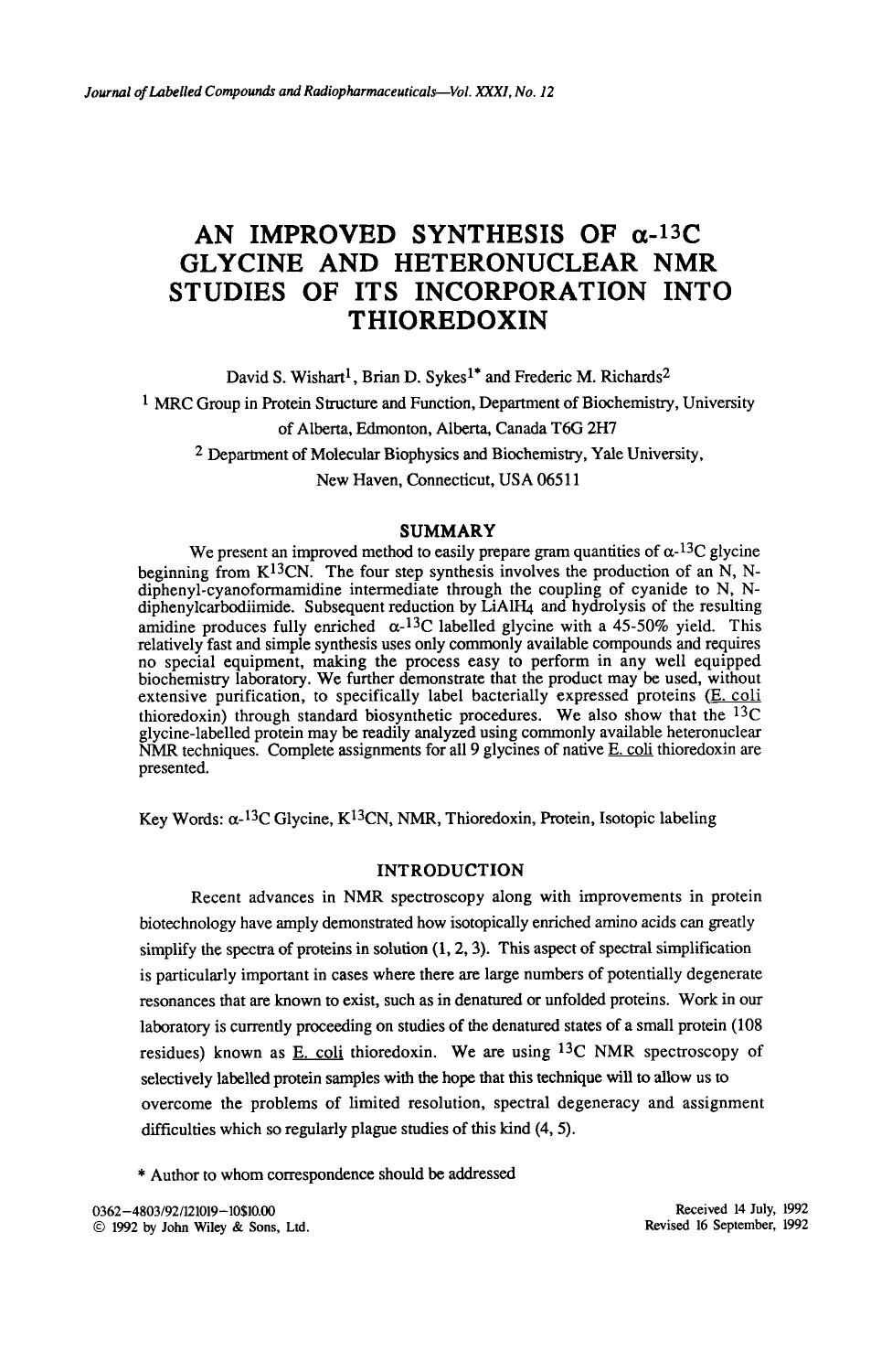 An improved synthesis of [alpha]-13C glycine and heteronuclear NMR studies of its incorporation into thioredoxin by Unknown