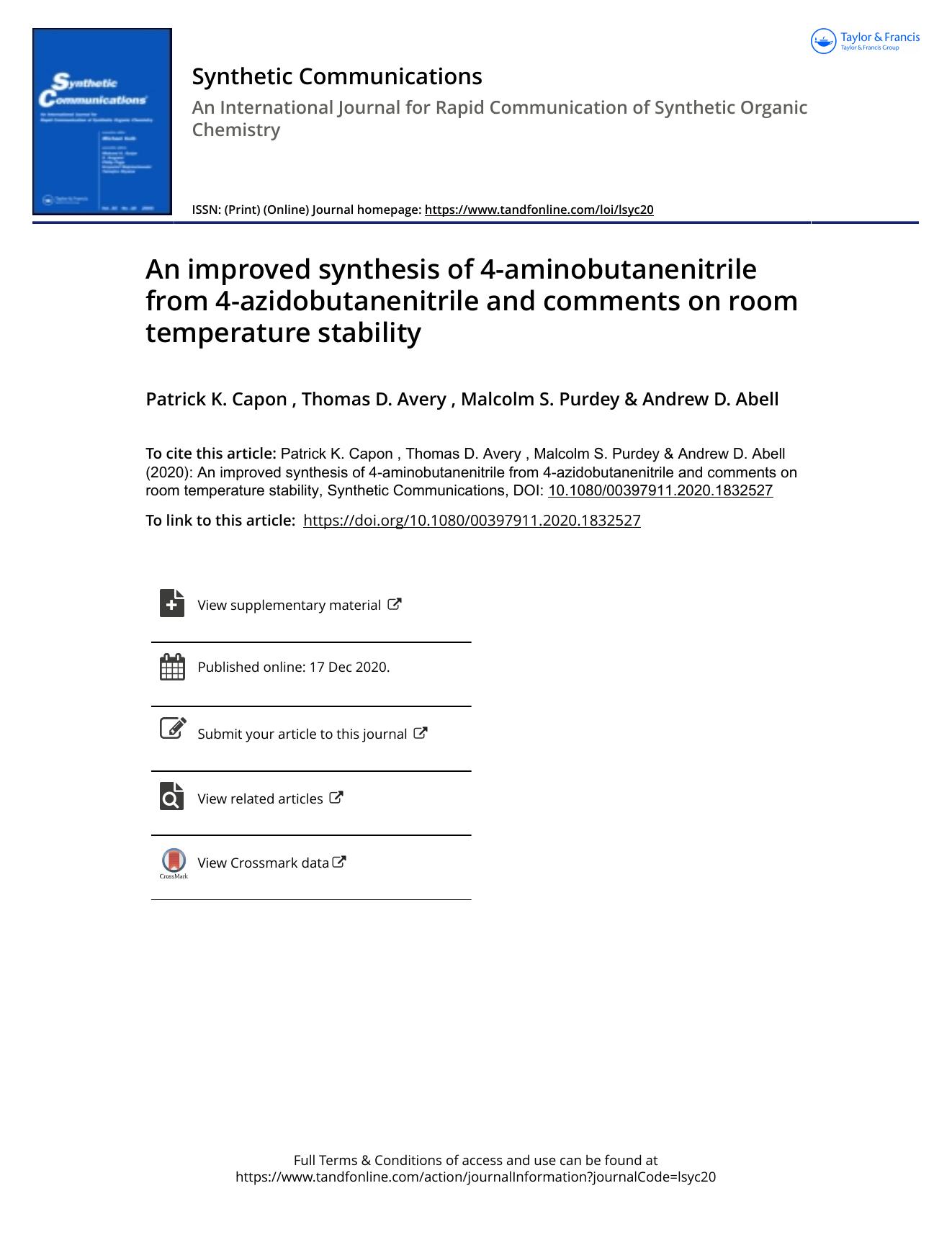 An improved synthesis of 4-aminobutanenitrile from 4-azidobutanenitrile and comments on room tempera by Unknown