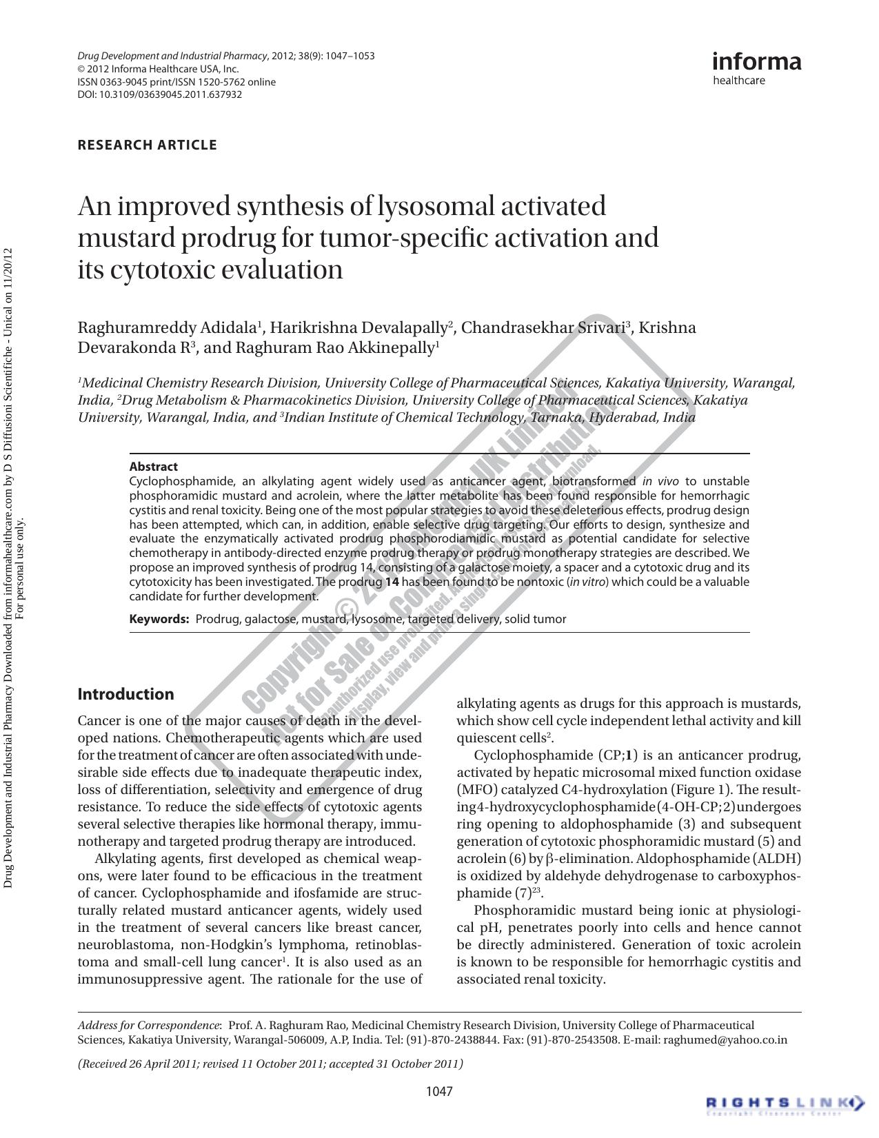 An improved synthesis of lysosomal activated mustard prodrug for tumor-specific activation and its cytotoxic evaluation by unknow