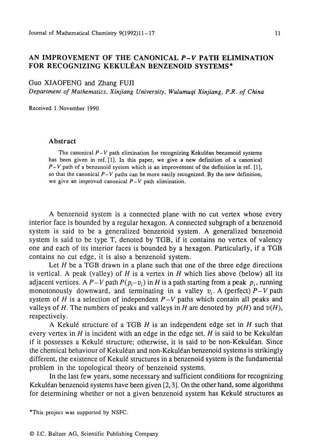 An improvement of the canonical <Emphasis Type="Italic">P-V <Emphasis> path elimination for recognizing Kekul&#x00E9;an benzenoid systems by Unknown