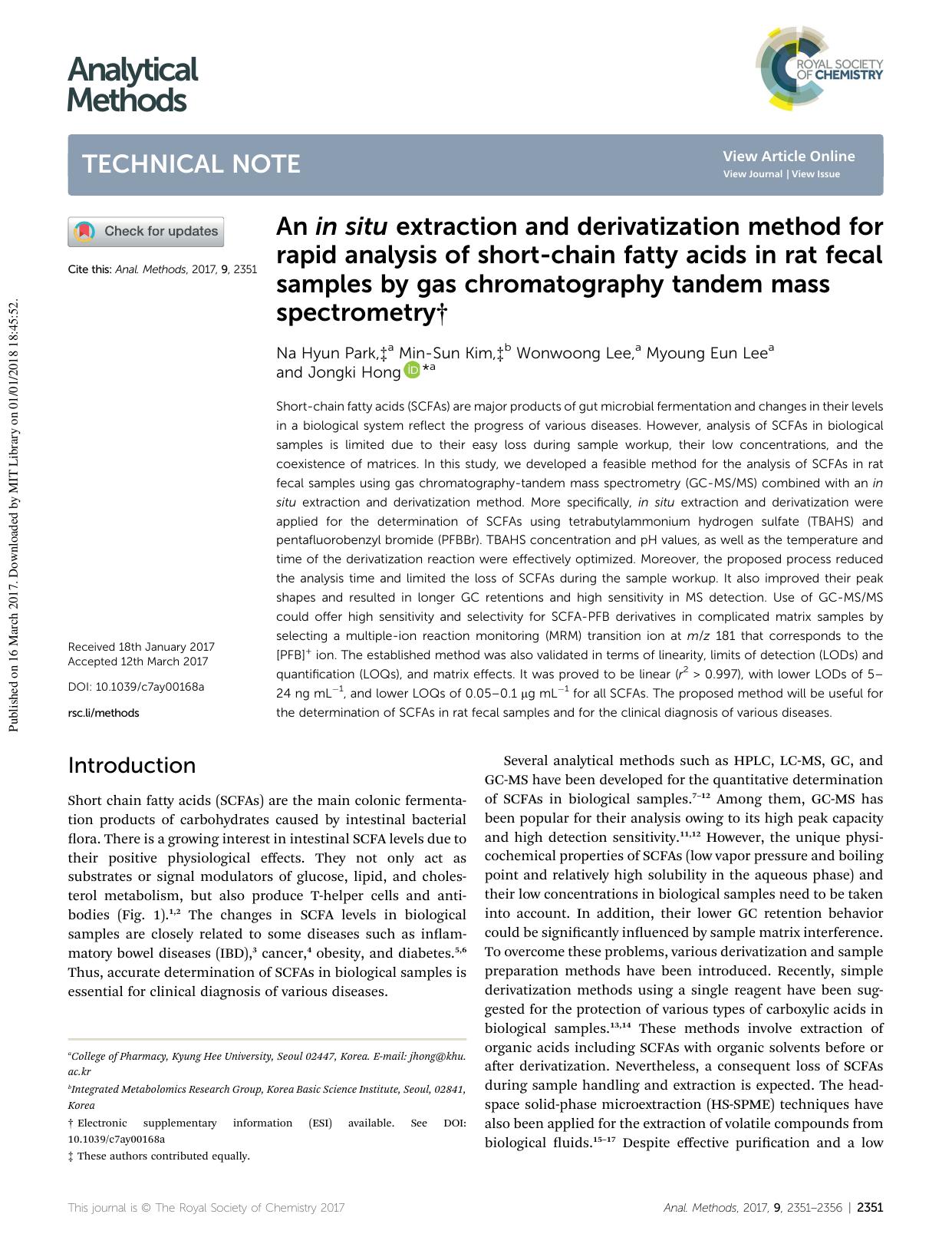 An in situ extraction and derivatization method for rapid analysis of short-chain fatty acids in rat fecal samples by gas chromatography tandem mass spectrometry by Na Hyun Park & Min-Sun Kim & Wonwoong Lee & Myoung Eun Lee & Jongki Hong