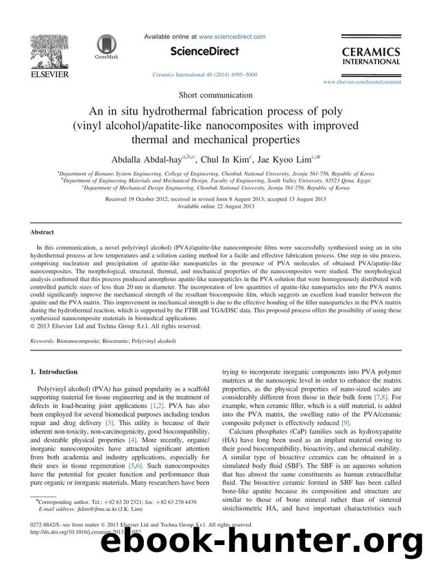 An in situ hydrothermal fabrication process of poly(vinyl alcohol)apatite-like nanocomposites with improved thermal and mechanical properties by Abdalla Abdal-hay & Chul In Kim & Jae Kyoo Lim
