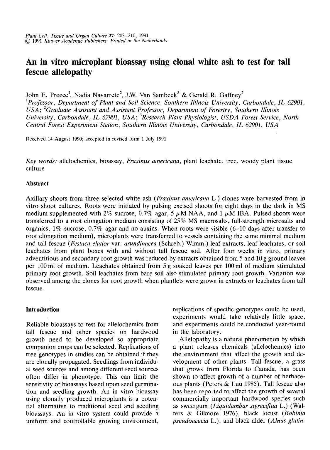 An in vitro microplant bioassay using clonal white ash to test for tall fescue allelopathy by Unknown