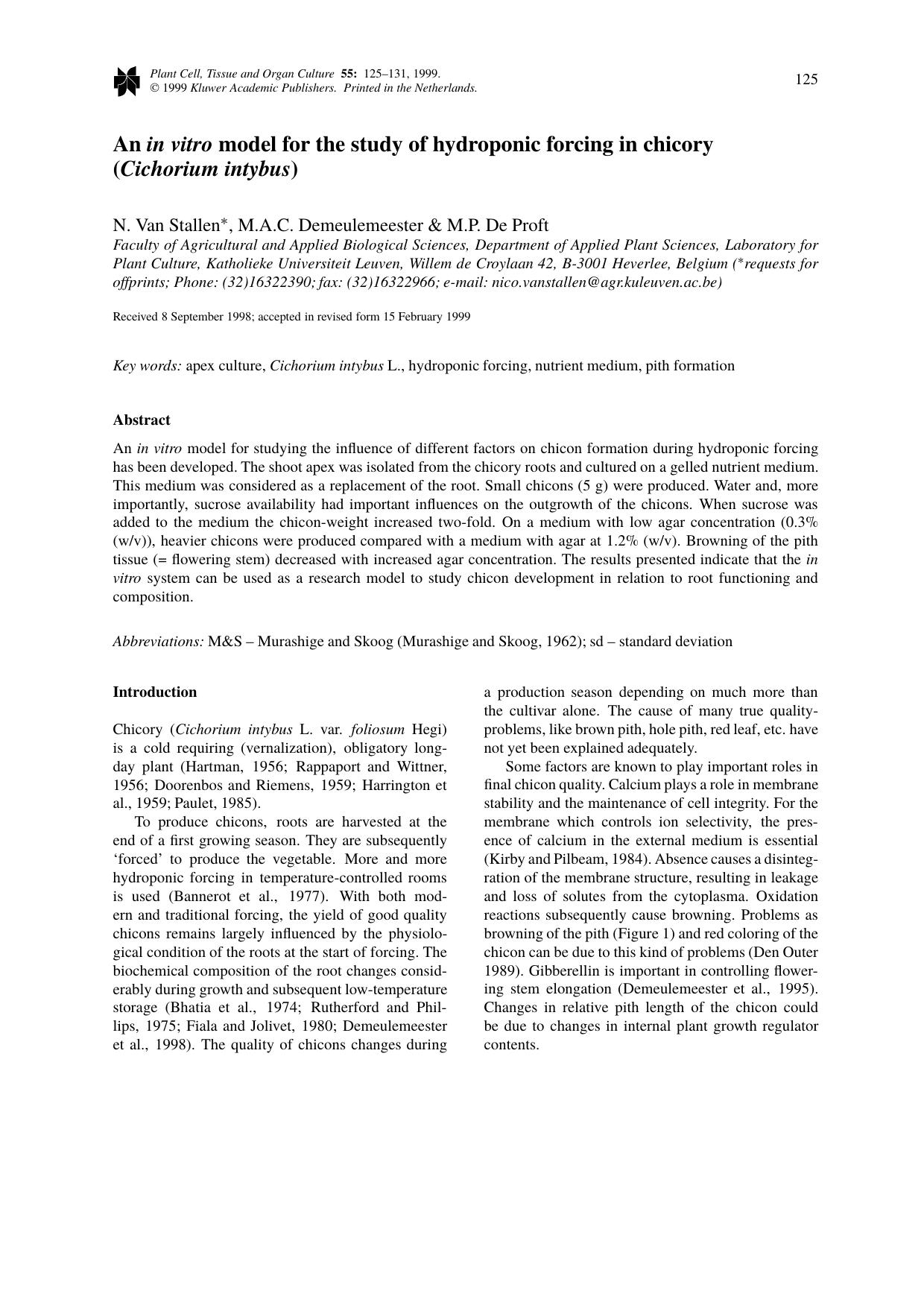 An in vitro model for the study of hydroponic forcing in chicory (Cichorium intybus) by Unknown