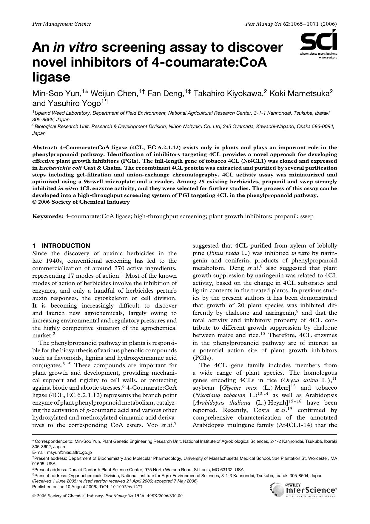 An in vitro screening assay to discover novel inhibitors of 4-coumarate:CoA ligase by Unknown