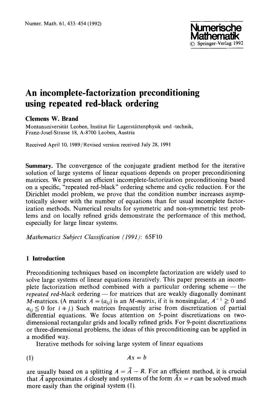 An incomplete-factorization preconditioning using repeated red-black ordering by Unknown