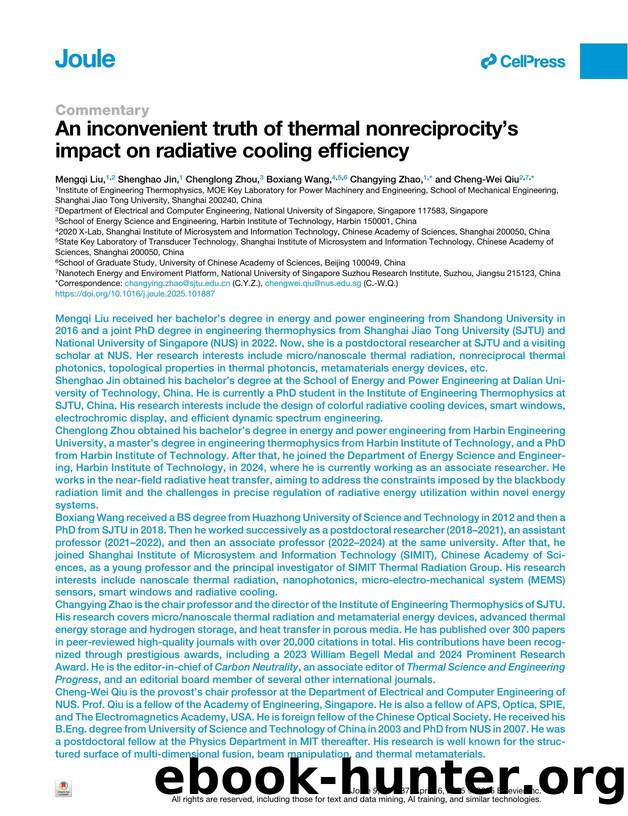 An inconvenient truth of thermal nonreciprocity's impact on radiative cooling efficiency by Mengqi Liu & Shenghao Jin & Chenglong Zhou & Boxiang Wang & Changying Zhao & Cheng-Wei Qiu
