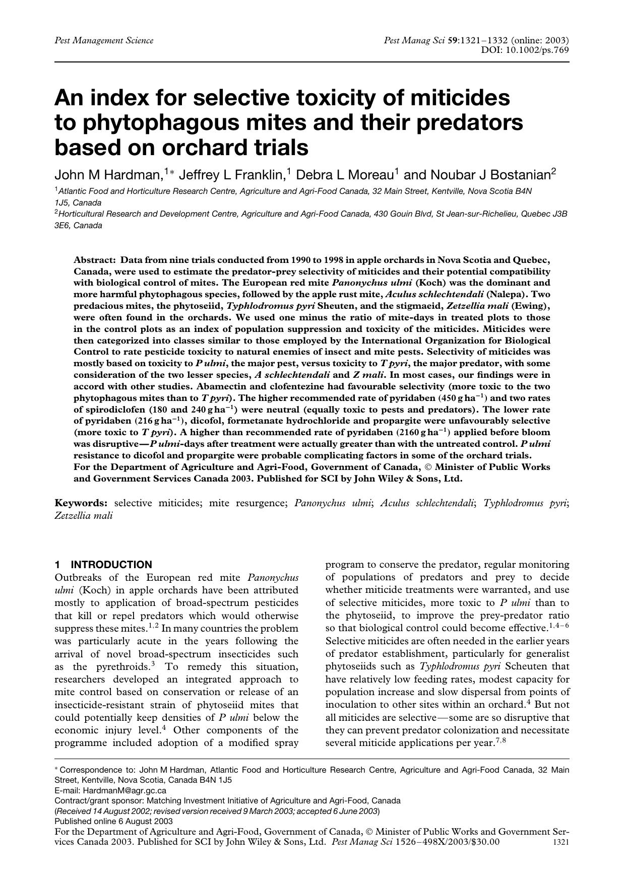 An index for selective toxicity of miticides to phytophagous mites and their predators based on orchard trials by Unknown