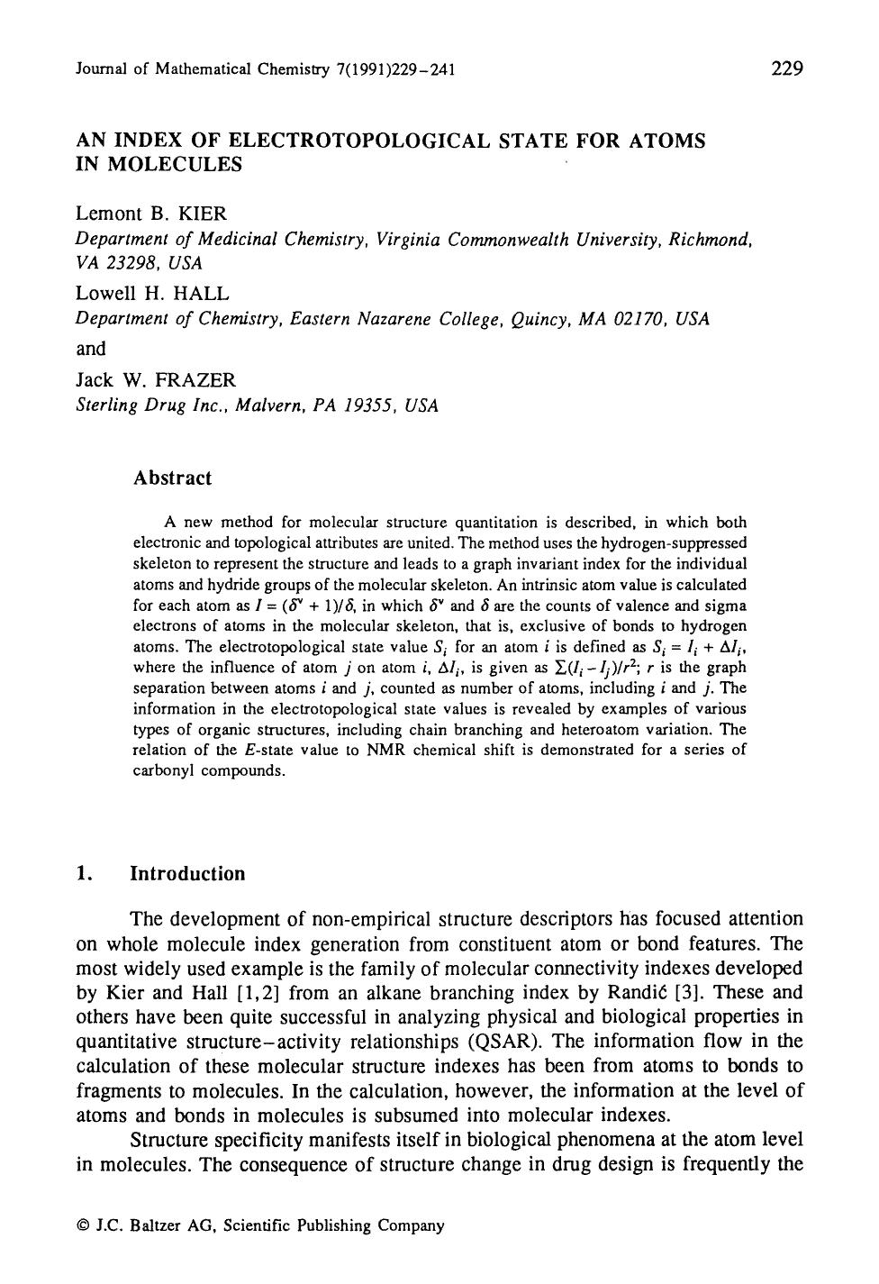 An index of electrotopological state for atoms in molecules by Unknown
