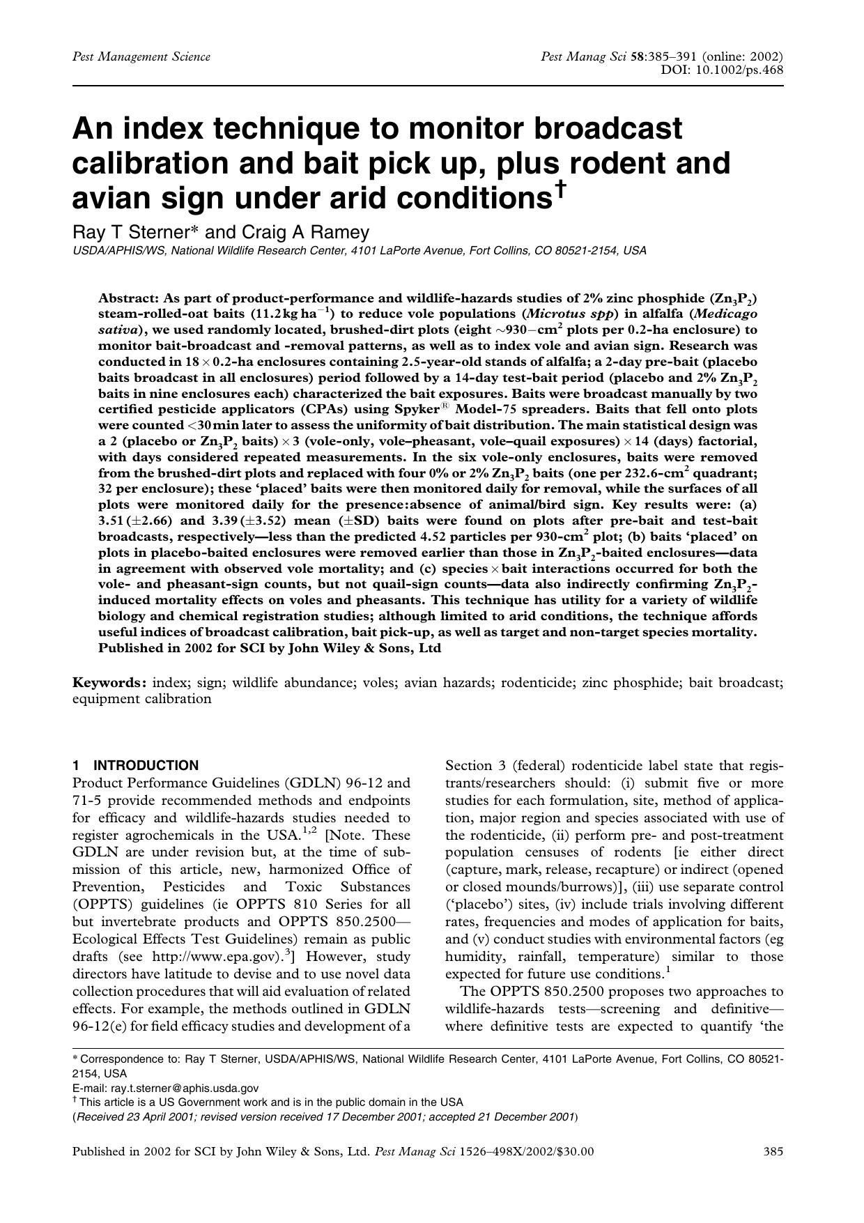 An index technique to monitor broadcast calibration and bait pick up, plus rodent and avian sign under arid conditions by Unknown