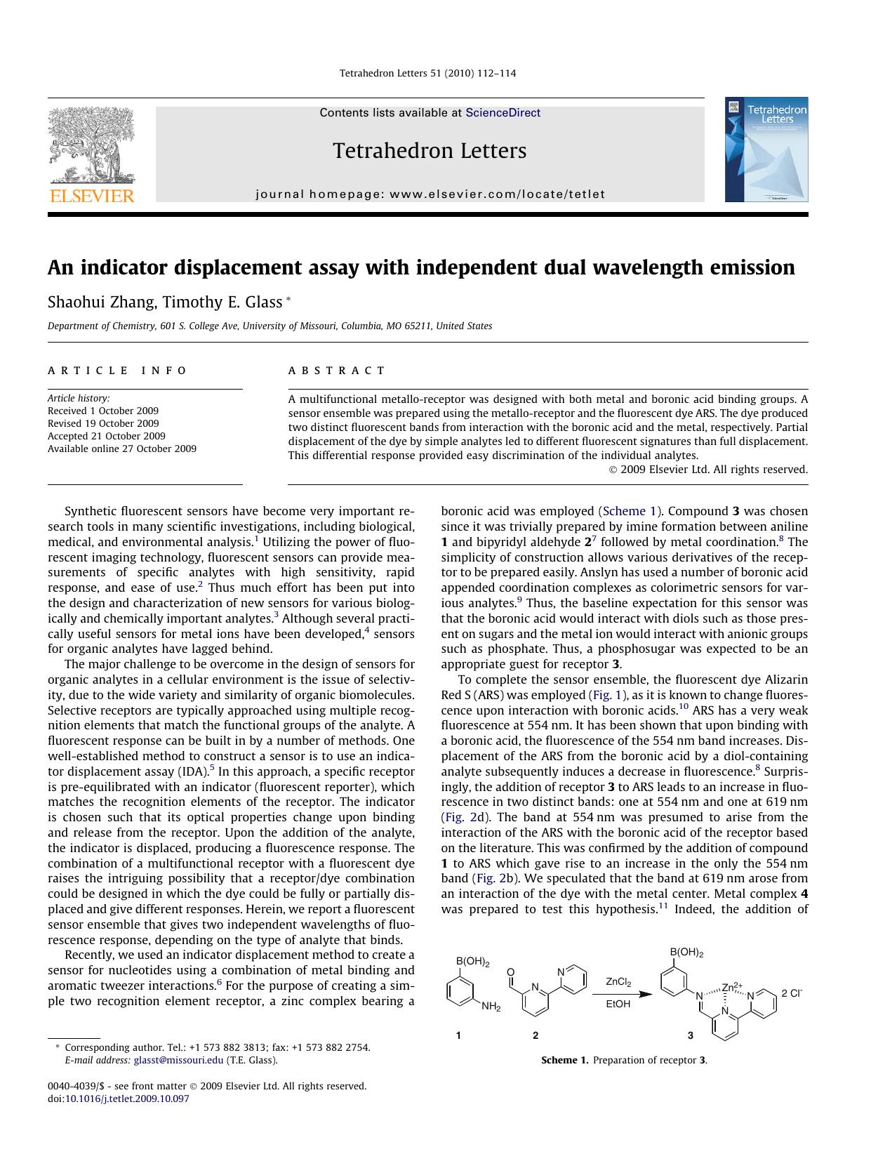 An indicator displacement assay with independent dual wavelength emission by Shaohui Zhang; Timothy E. Glass