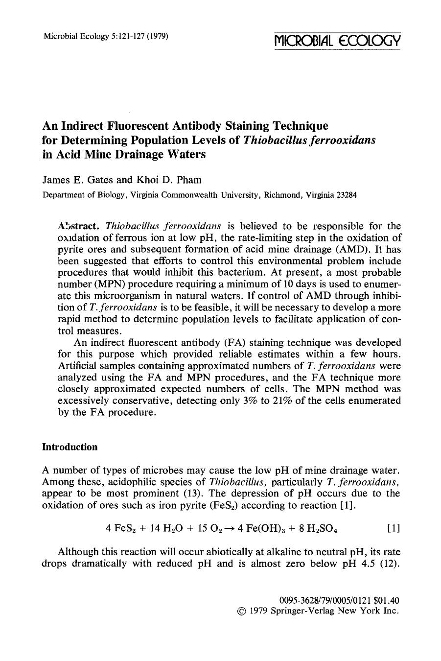 An indirect fluorescent antibody staining technique for determining population levels of <Emphasis Type="Italic">Thiobacillus ferrooxidans <Emphasis> in acid mine drainage waters by Unknown