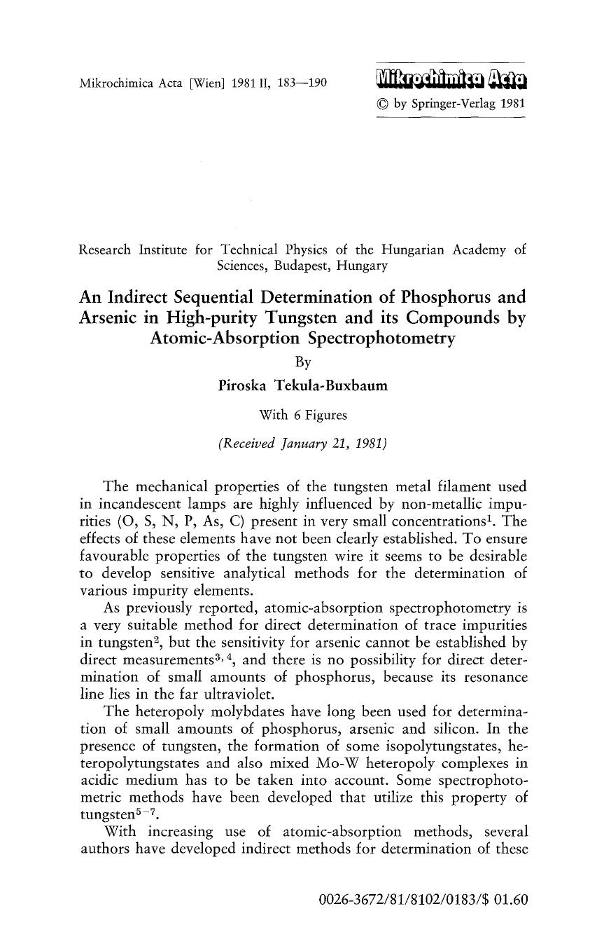 An indirect sequential determination of phosphorus and arsenic in high-purity tungsten and its compounds by atomic-absorption spectrophotometry by Unknown