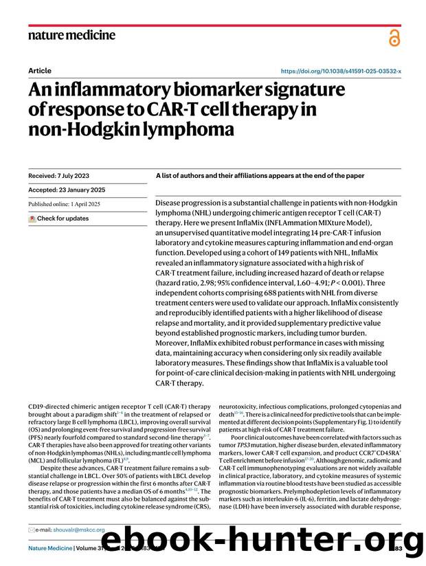 An inflammatory biomarker signature of response to CAR-T cell therapy in non-Hodgkin lymphoma by unknow