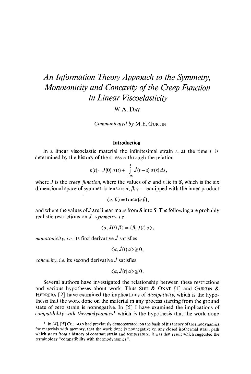 An information theory approach to the symmetry, monotonicity and concavity of the creep function in linear viscoelasticity by Unknown