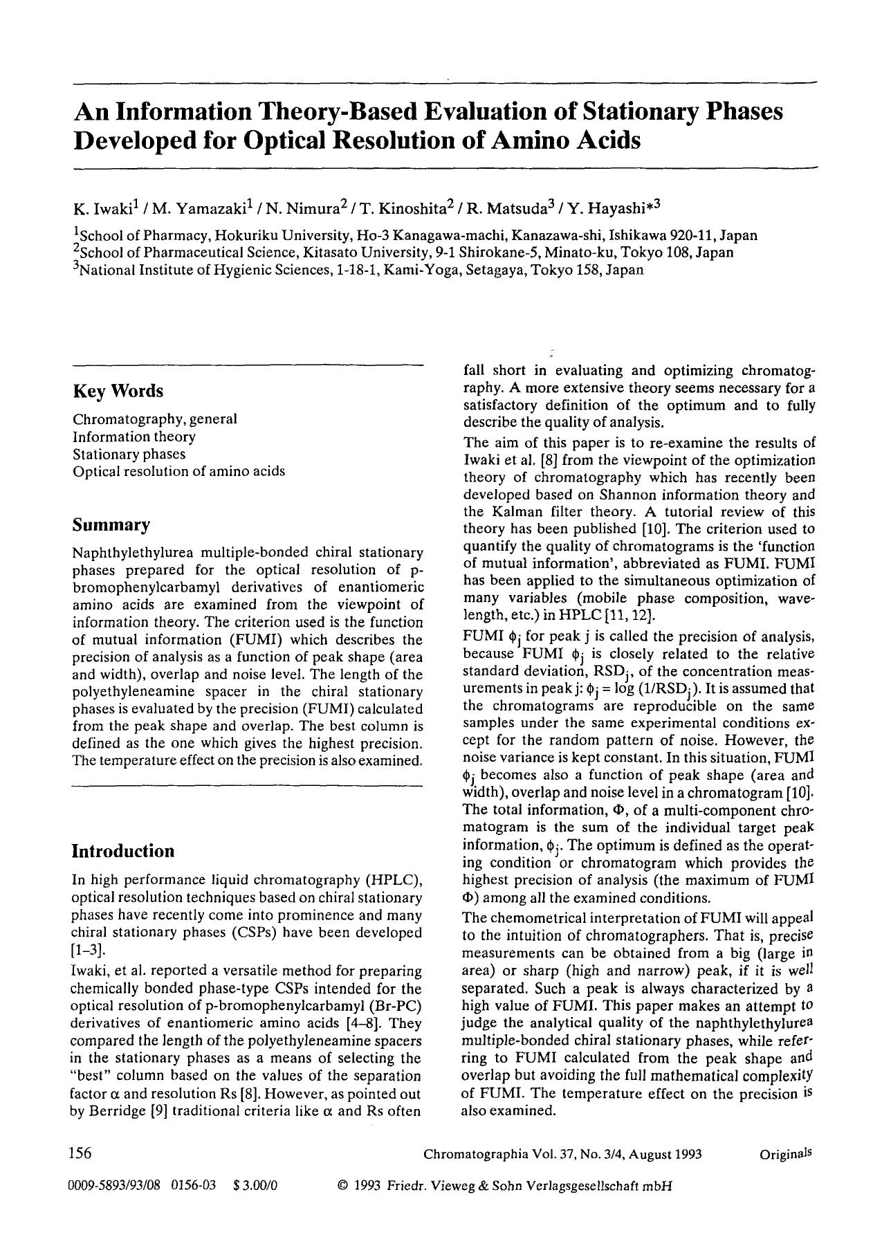 An information theory-based evaluation of stationary phases developed for optical resolution of amino acids by Unknown