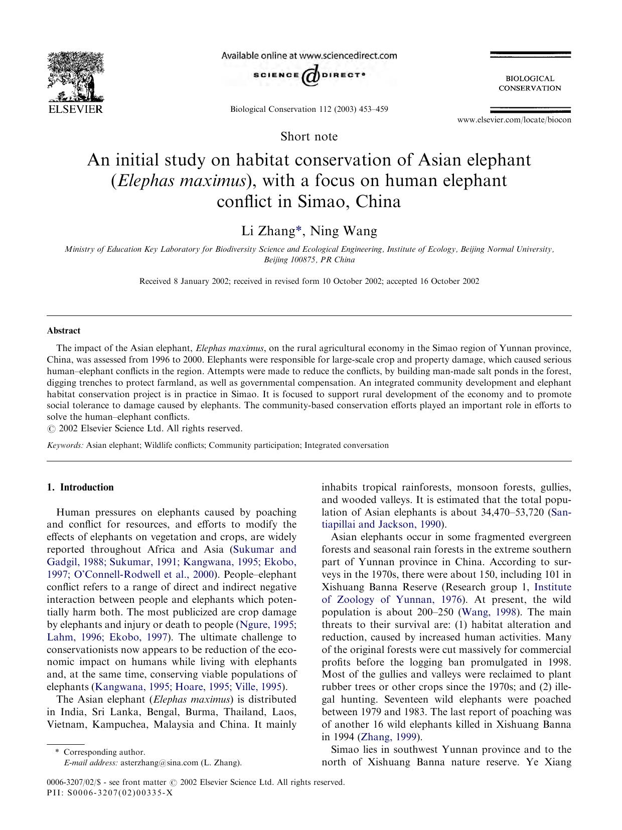 An initial study on habitat conservation of Asian elephant Elephas maximus, with a focus on human elephant conflict in Simao, China by Li Zhang Ning Wang