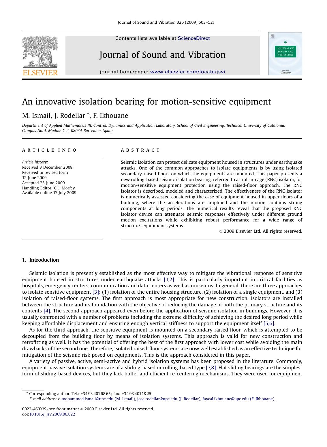 An innovative isolation bearing for motion-sensitive equipment by M. Ismail; J. Rodellar; F. Ikhouane