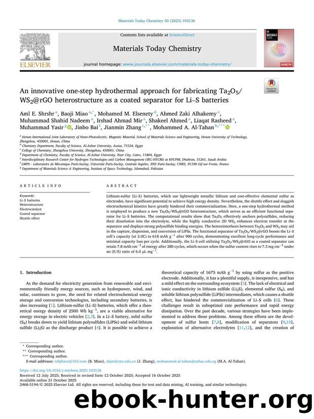 An innovative one-step hydrothermal approach for fabricating Ta2O5WS2@rGO heterostructure as a coated separator for LiâS batteries by unknow