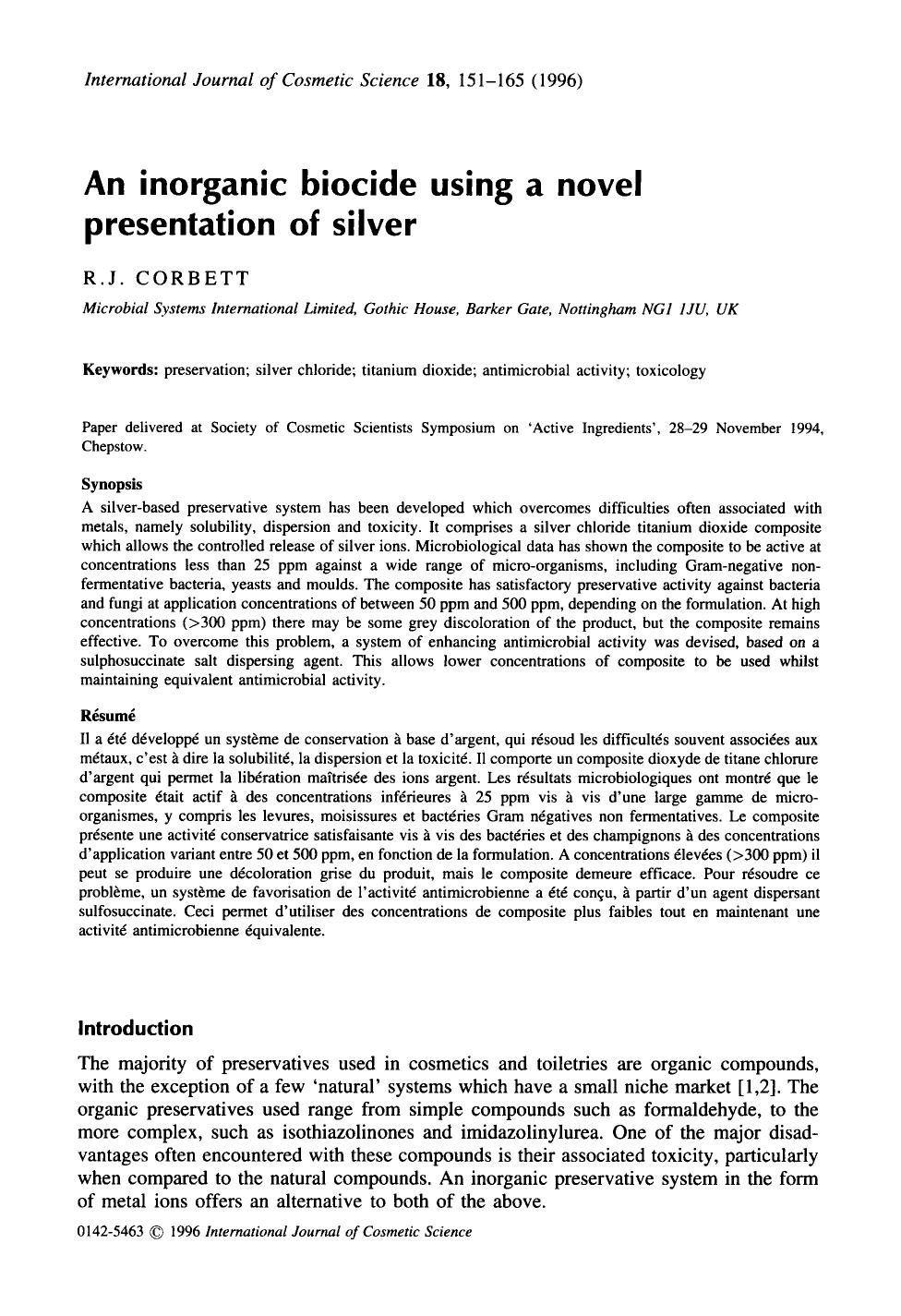 An inorganic biocide using a novel presentation of silver by Unknown