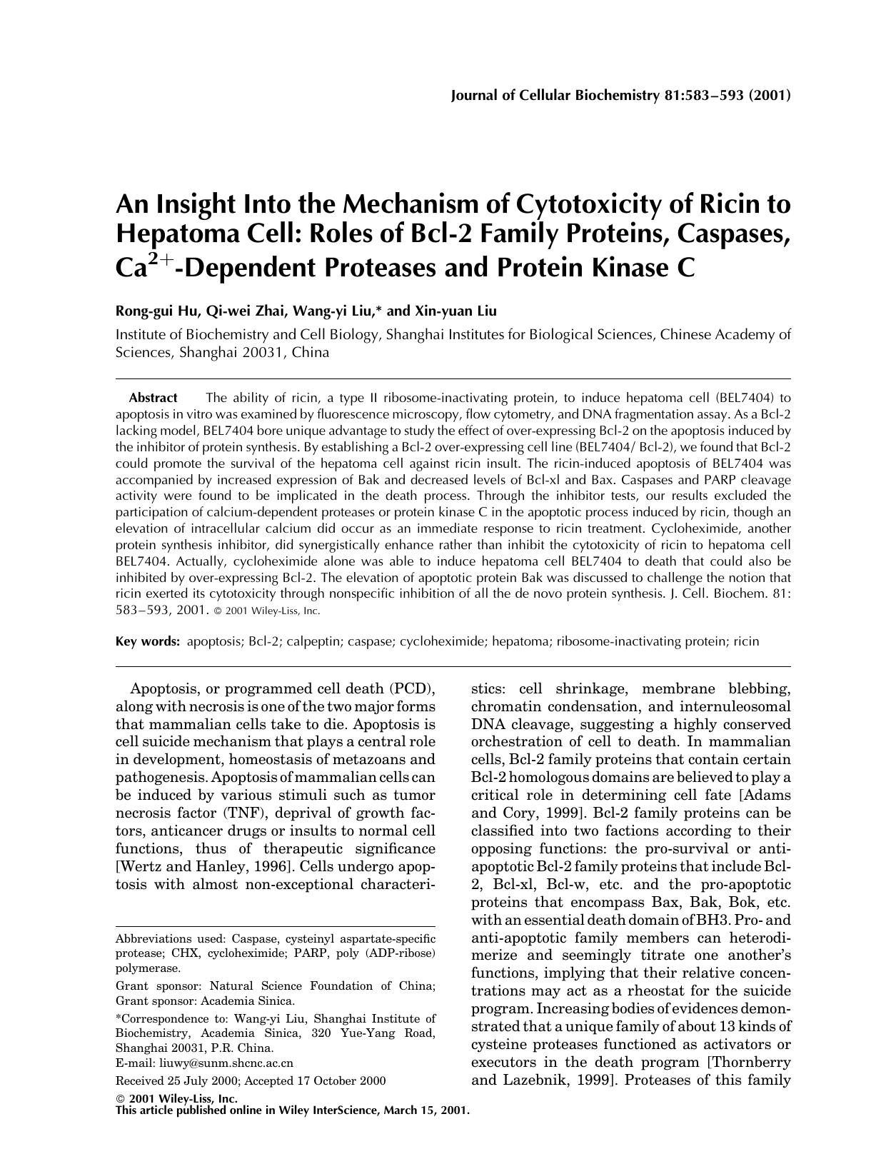 An insight into the mechanism of cytotoxicity of ricin to hepatoma cell: Roles of Bcl-2 family proteins, caspases, Ca2+-dependent proteases and protein kinase C by Unknown