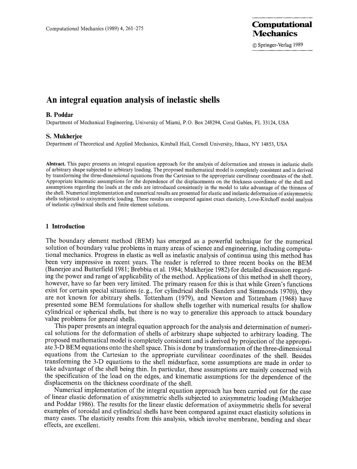 An integral equation analysis of inelastic shells by Unknown