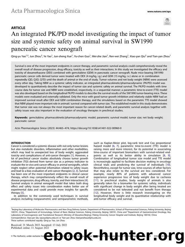 An integrated PKPD model investigating the impact of tumor size and systemic safety on animal survival in SW1990 pancreatic cancer xenograft by unknow