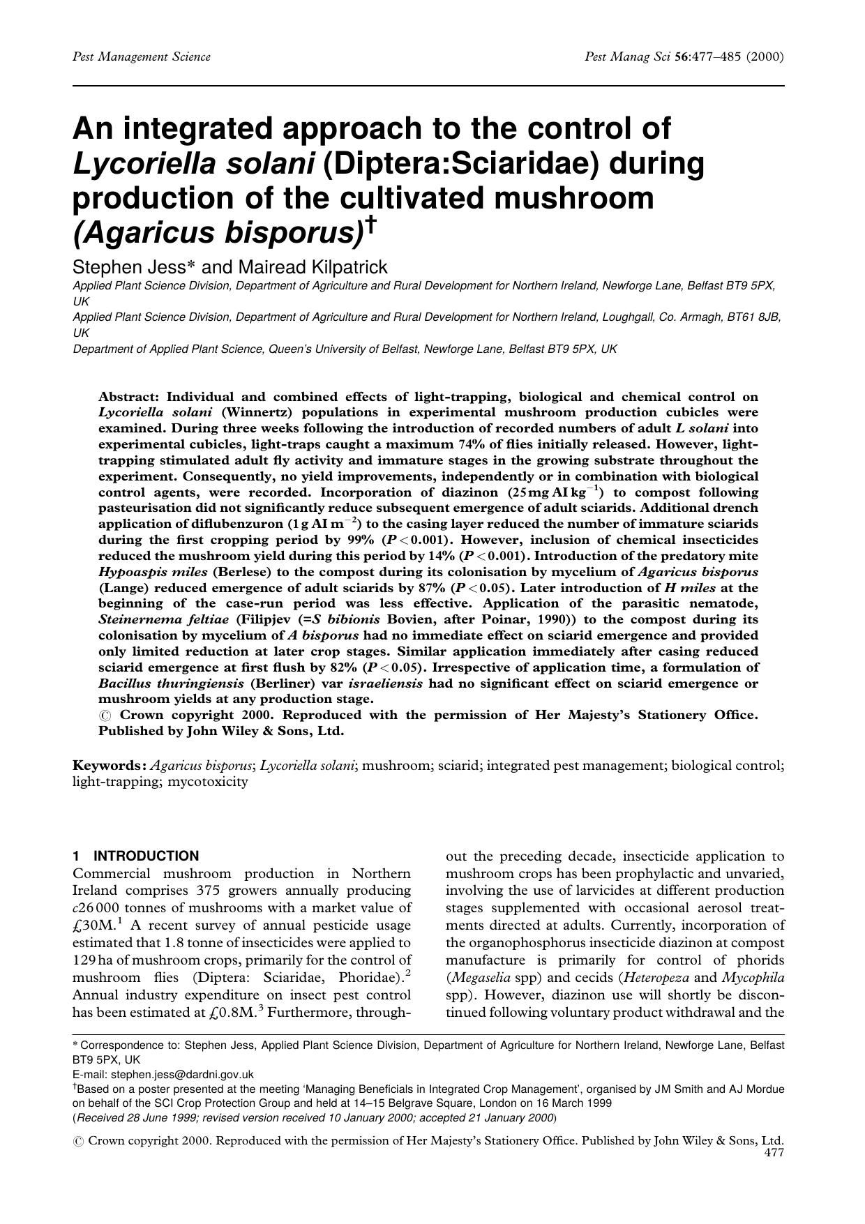 An integrated approach to the control of Lycoriella solani (Diptera:Sciaridae) during production of the cultivated mushroom (Agaricus bisporus) by Unknown