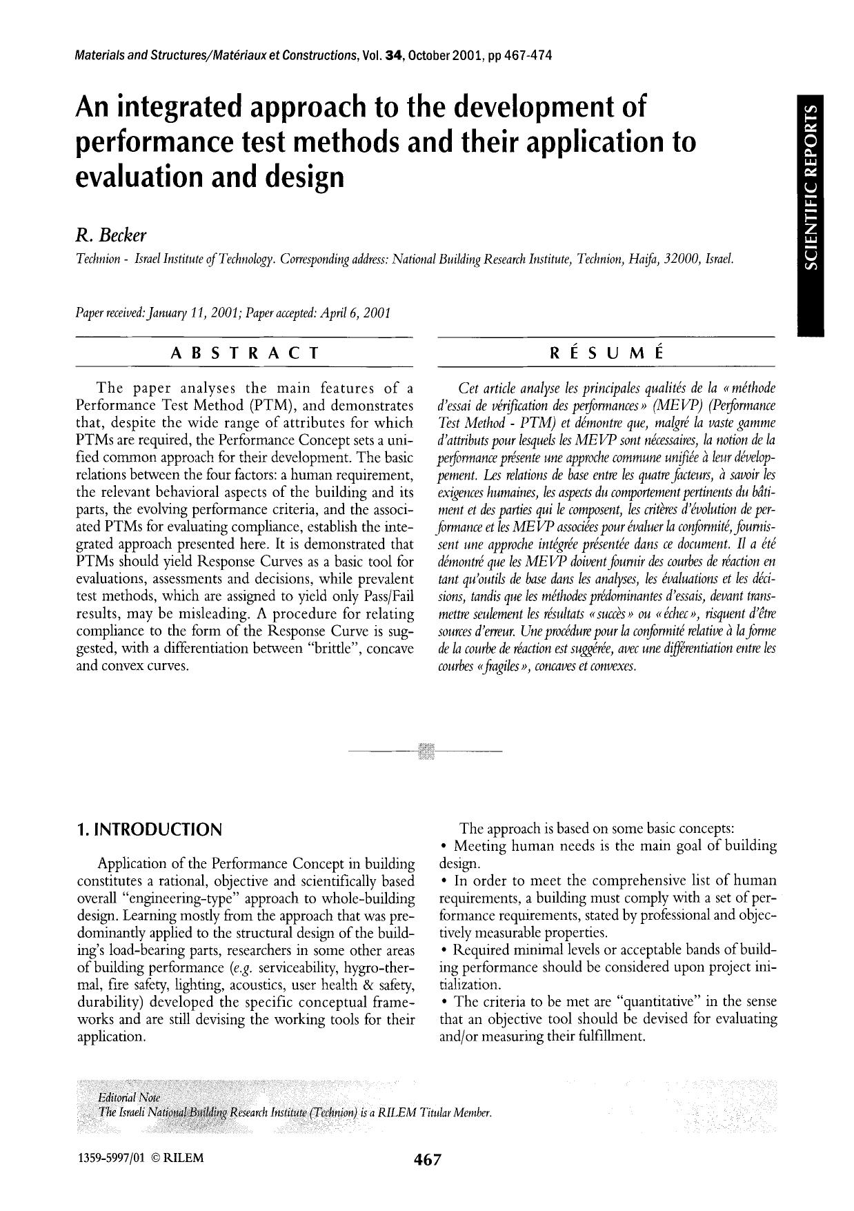 An integrated approach to the development of performance test methods and their application to evaluation and design by Unknown
