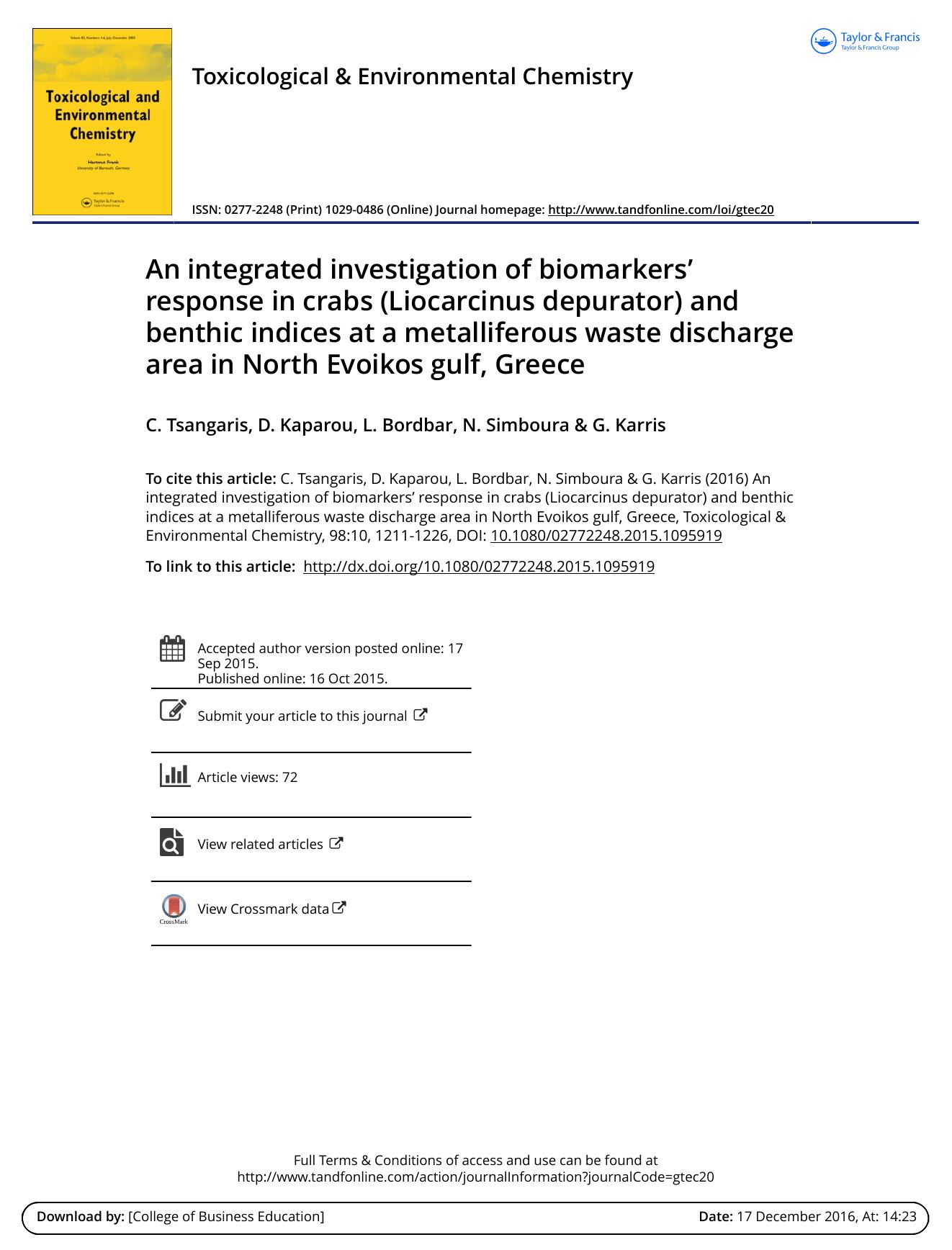 An integrated investigation of biomarkersÂ´ response in crabs \(Liocarcinus depurator\) and benthic indices at a metalliferous waste discharge area in North Evoikos gulf, Greece by C. Tsangaris & D. Kaparou & L. Bordbar & N. Simboura & G. Karris