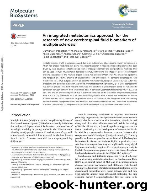 An integrated metabolomics approach for the research of new cerebrospinal fluid biomarkers of multiple sclerosis by unknow