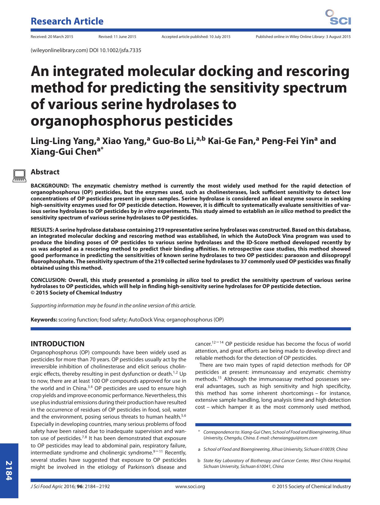 An integrated molecular docking and rescoring method for predicting the sensitivity spectrum of various serine hydrolases to organophosphorus pesticides by Unknown