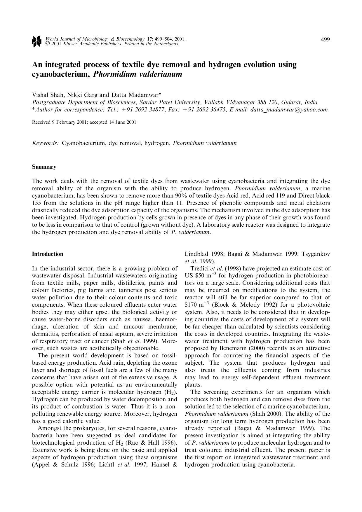 An integrated process of textile dye removal and hydrogen evolution using cyanobacterium, Phormidium valderianum by Unknown
