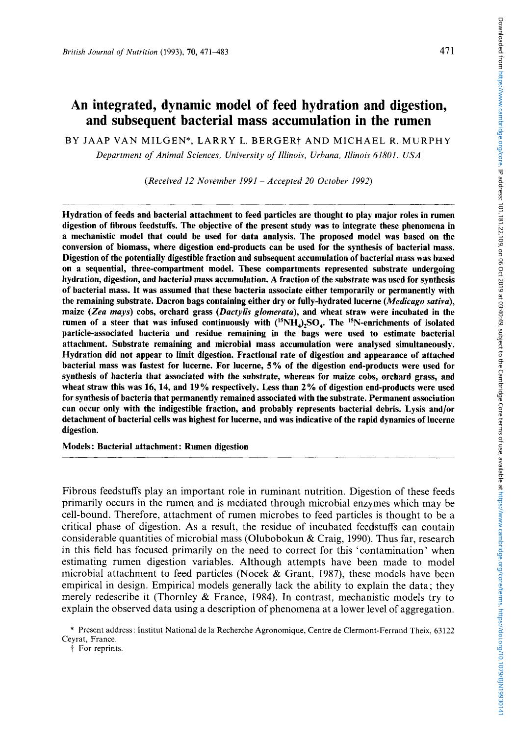 An integrated, dynamic model of feed hydration anddigestion, and subsequent bacterial mass accumulation in the rumen by Jaap Van Milgen Larry L. Berger & Michael R. Murphy