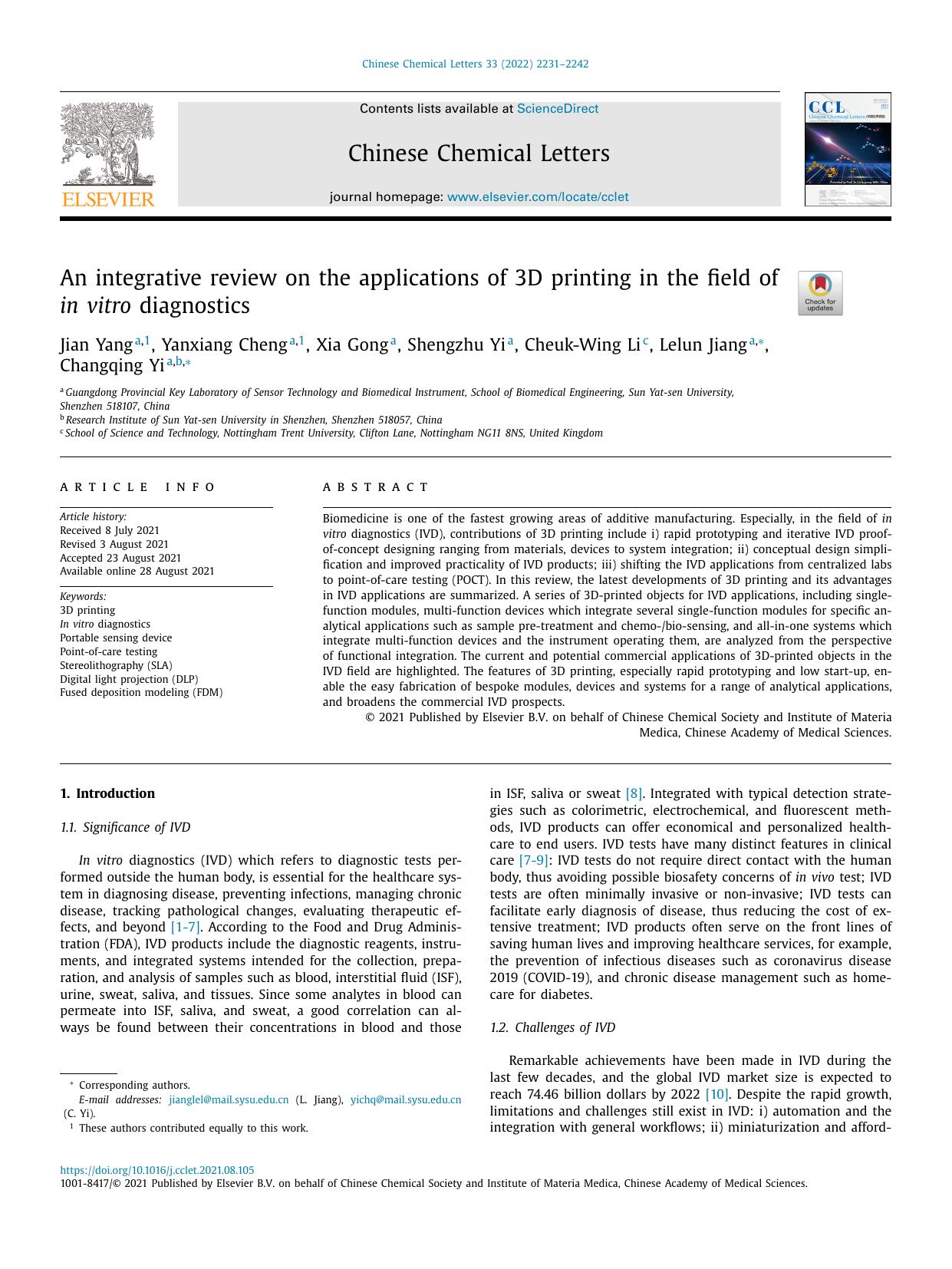 An integrative review on the applications of 3D printing in the field of in vitro diagnostics by Jian Yang & Yanxiang Cheng & Xia Gong & Shengzhu Yi & Cheuk-Wing Li & Lelun Jiang & Changqing Yi