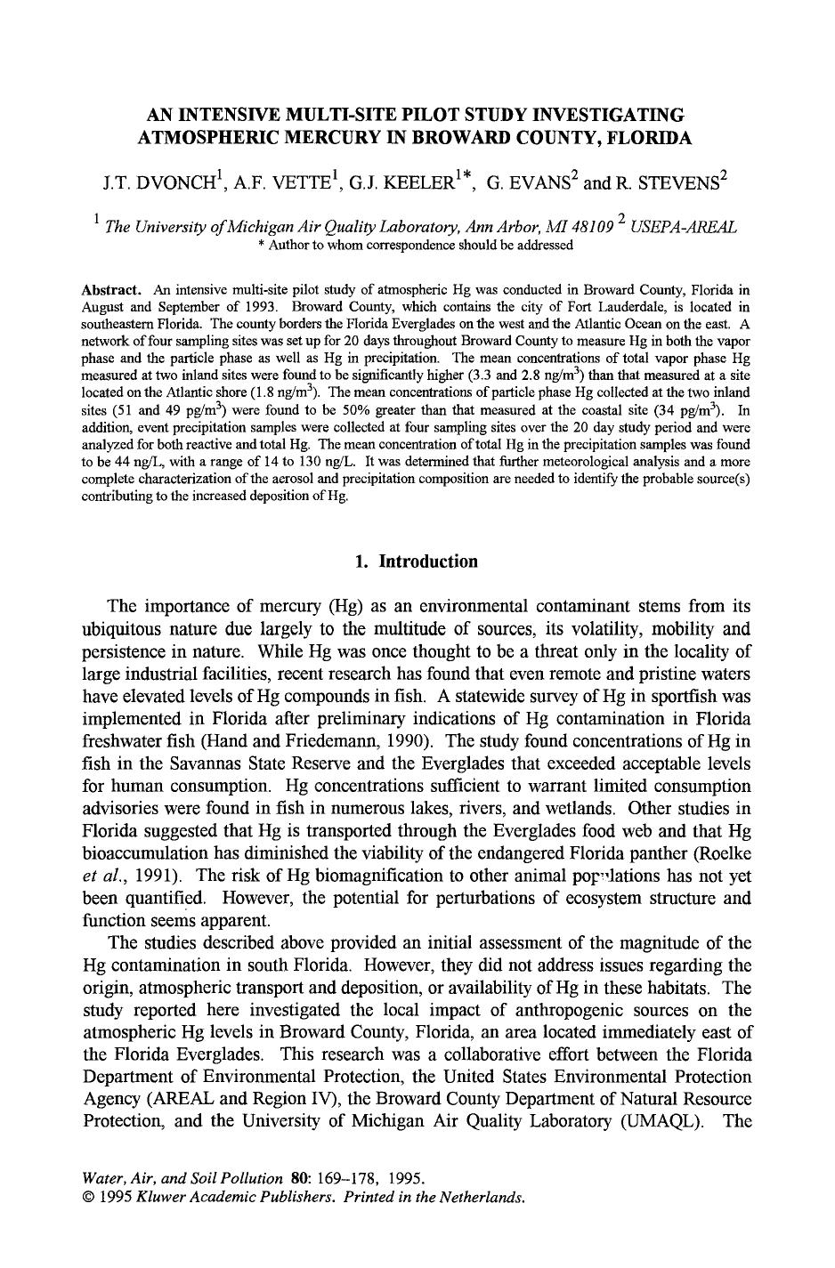 An intensive multi-site pilot study investigating atmospheric mercury in Broward County, Florida by Unknown