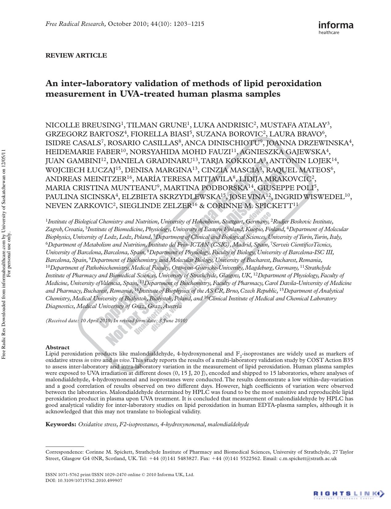 An inter-laboratory validation of methods of lipid peroxidation measurement in UVA-treated human plasma samples by unknow