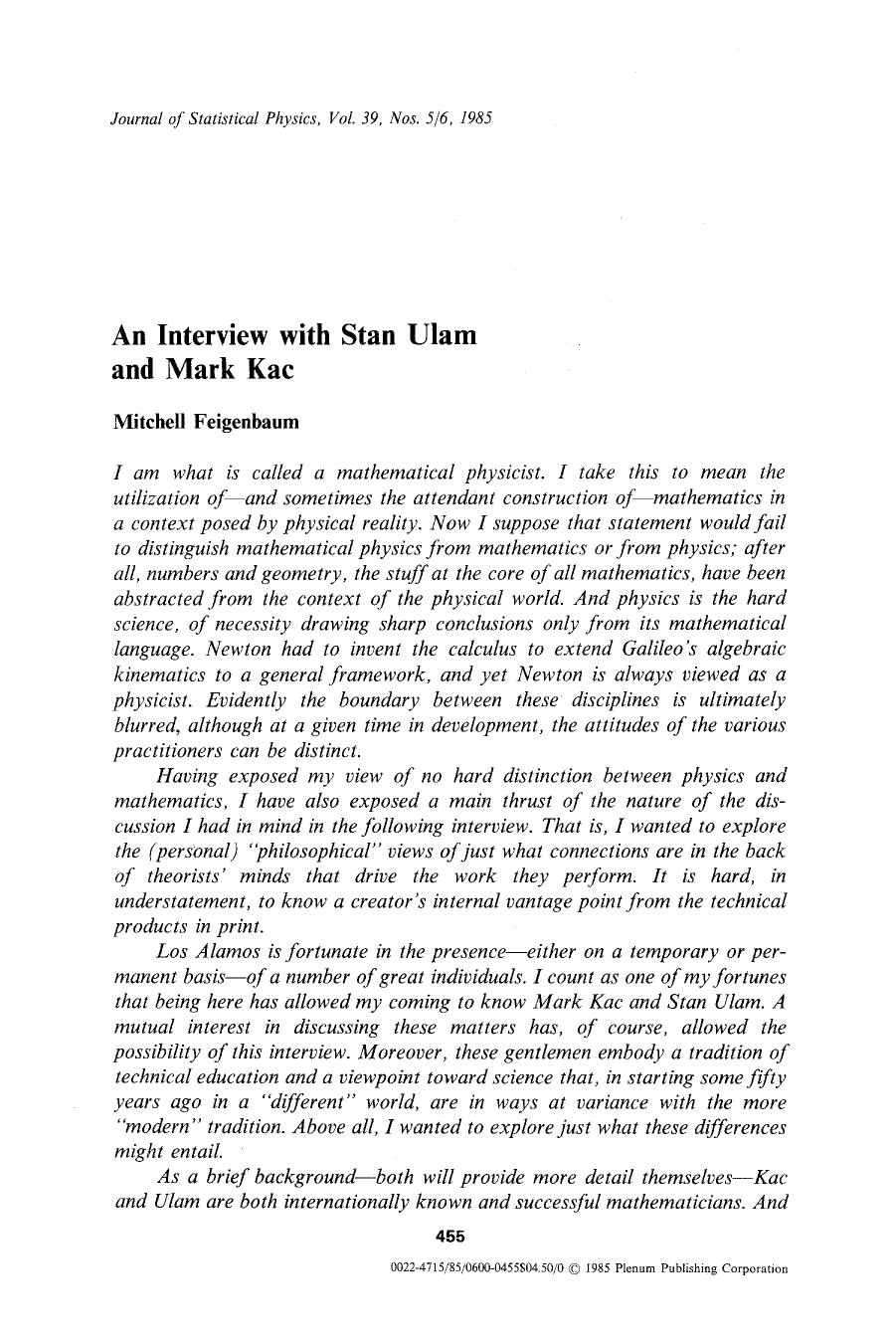 An interview with Stan Ulam and Mark Kac by Unknown