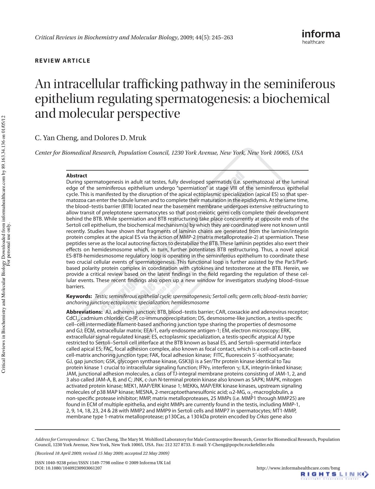 An intracellular trafficking pathway in the seminiferous epithelium regulating spermatogenesis: a biochemical and molecular perspective by C. Yan Cheng Dolores D. Mruk