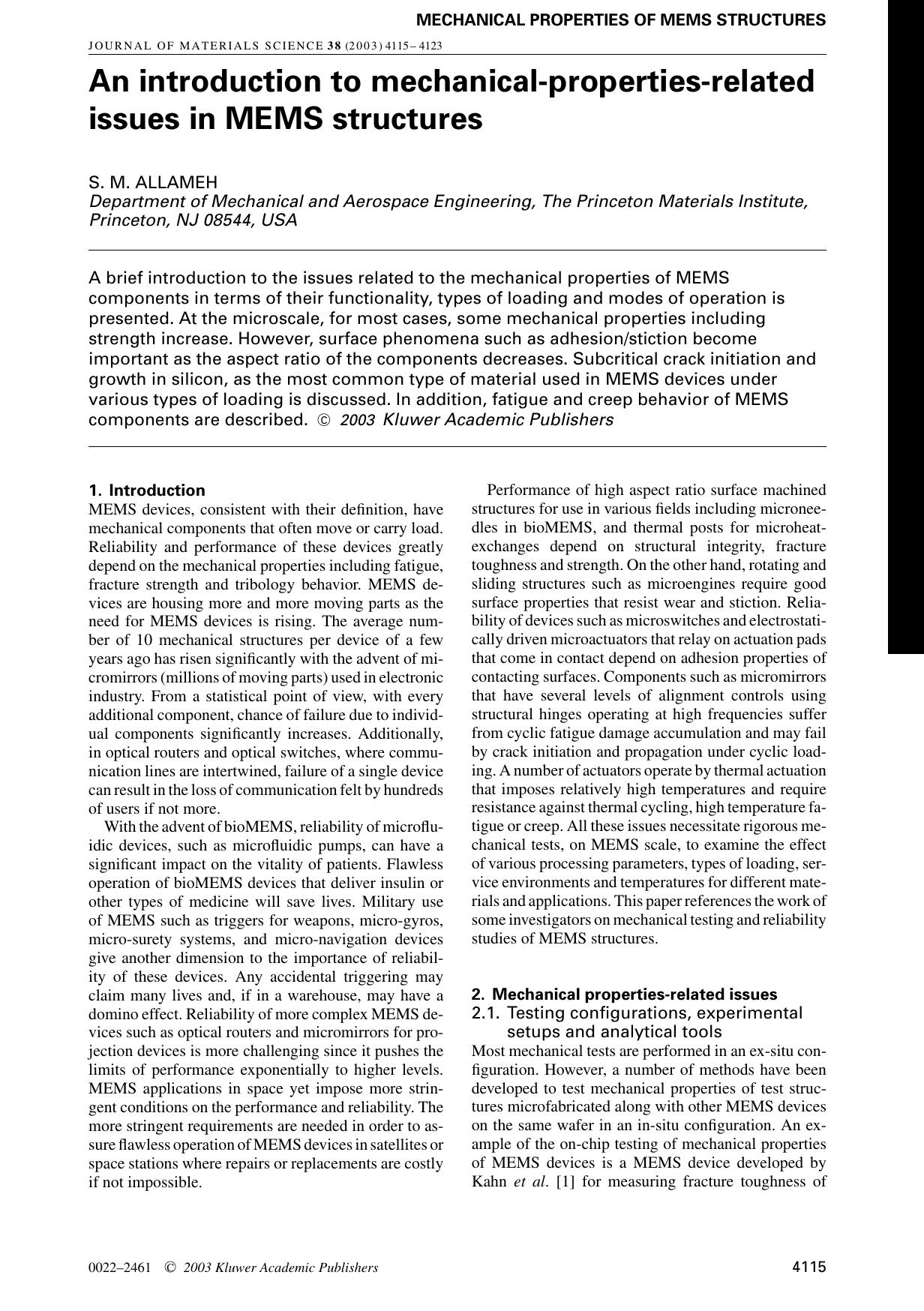 An introduction to mechanical-properties-related issues in MEMS structures by Unknown