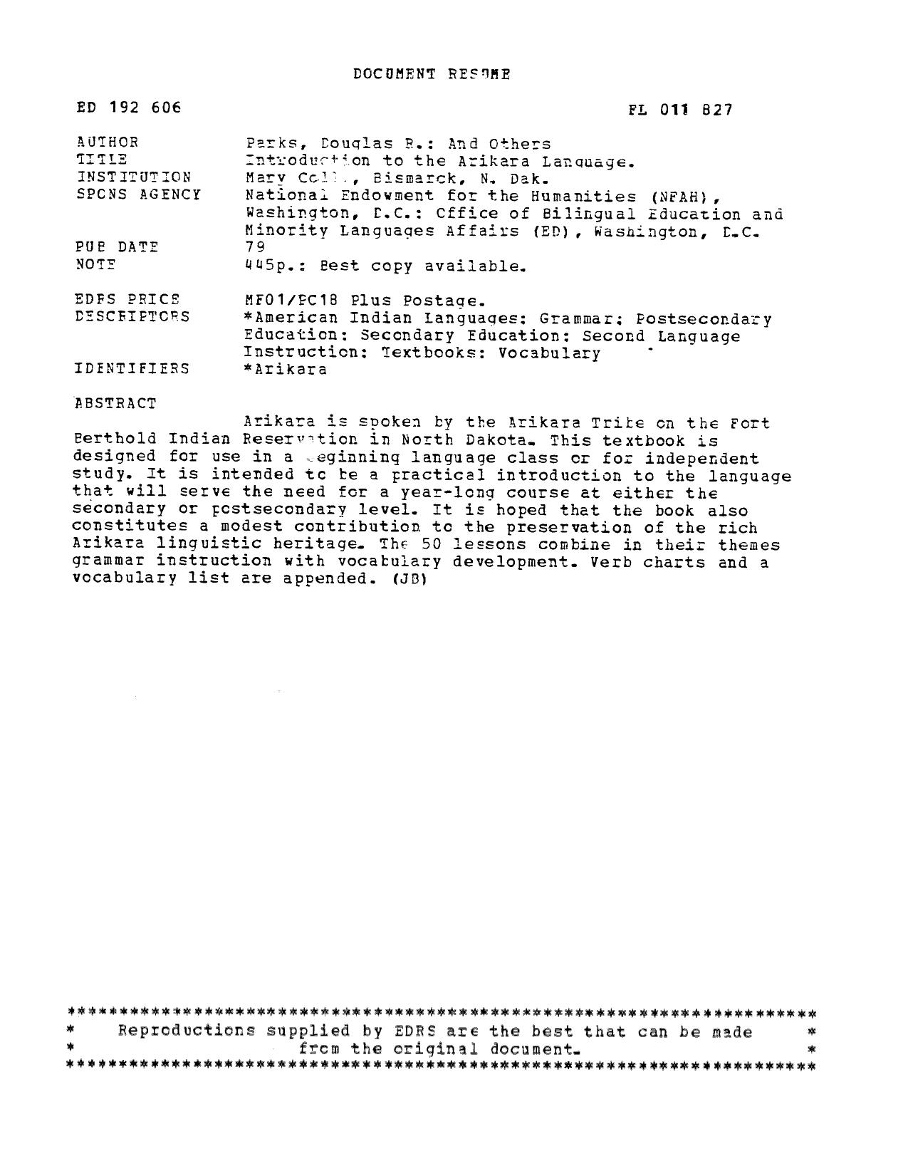 An introduction to the Arikara language = SaÌhnisÌ wakuuÌnuÊ¼ by Douglas R Parks; Janet Beltran; Ella P Waters