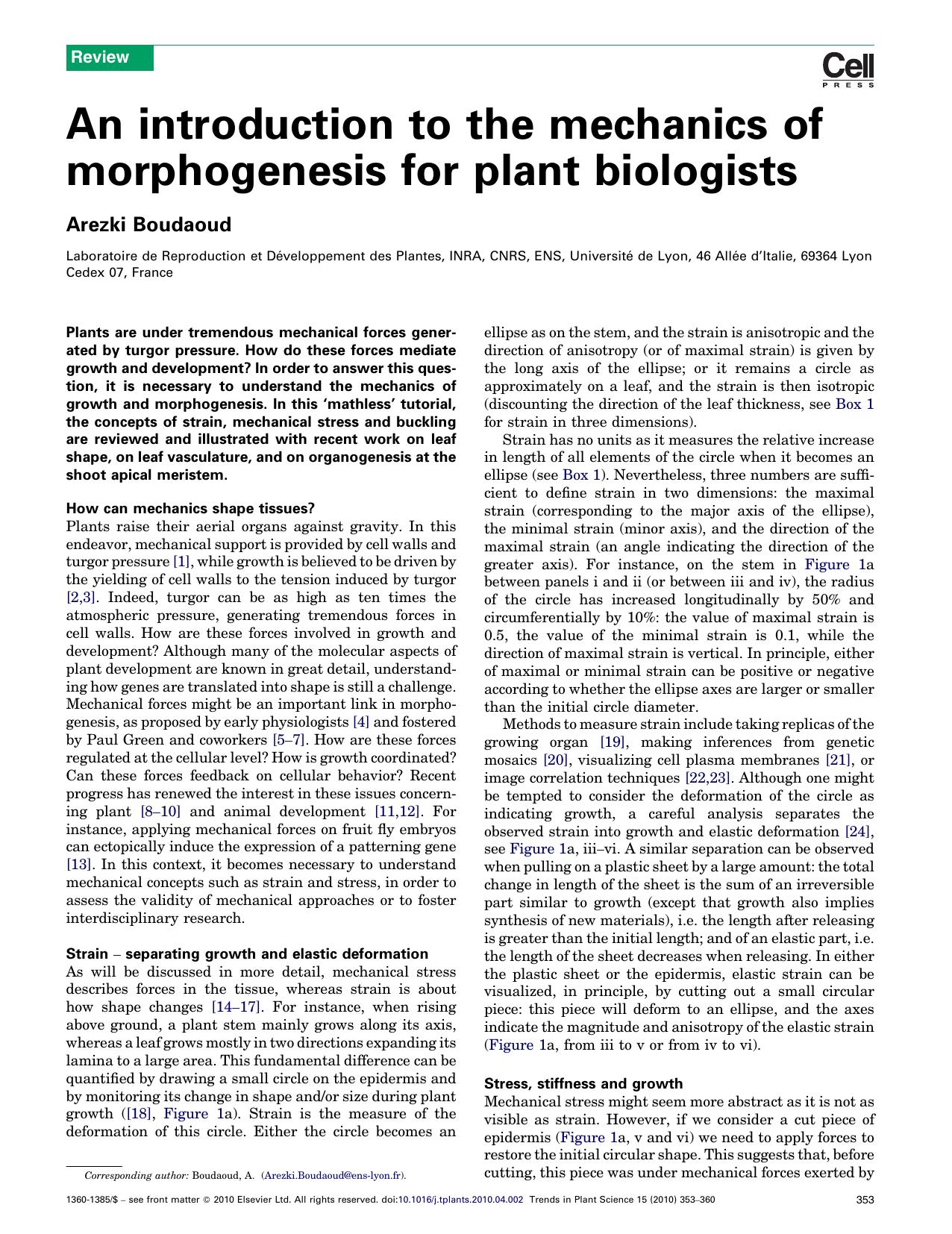 An introduction to the mechanics of morphogenesis for plant biologists by Arezki Boudaoud