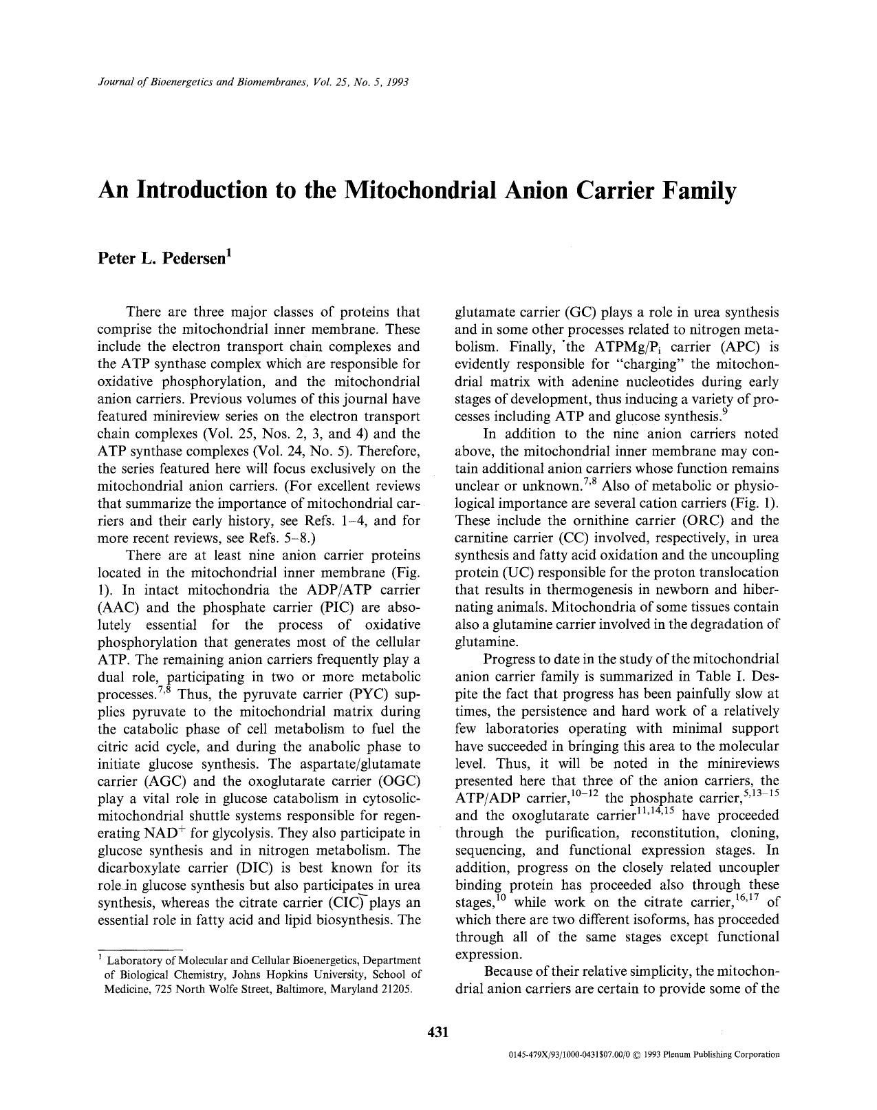 An introduction to the mitochondrial anion carrier family by Unknown