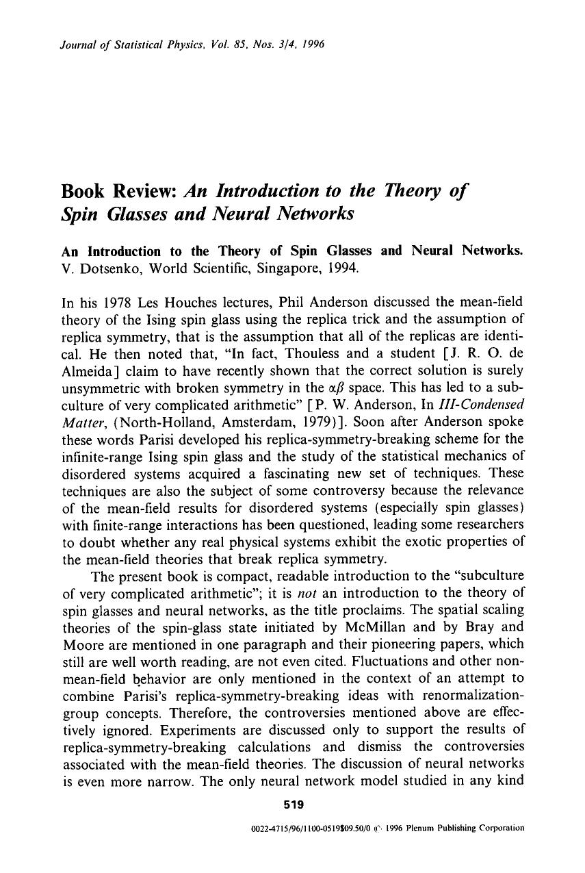An introduction to the theory of spin glasses and neural networks by Unknown