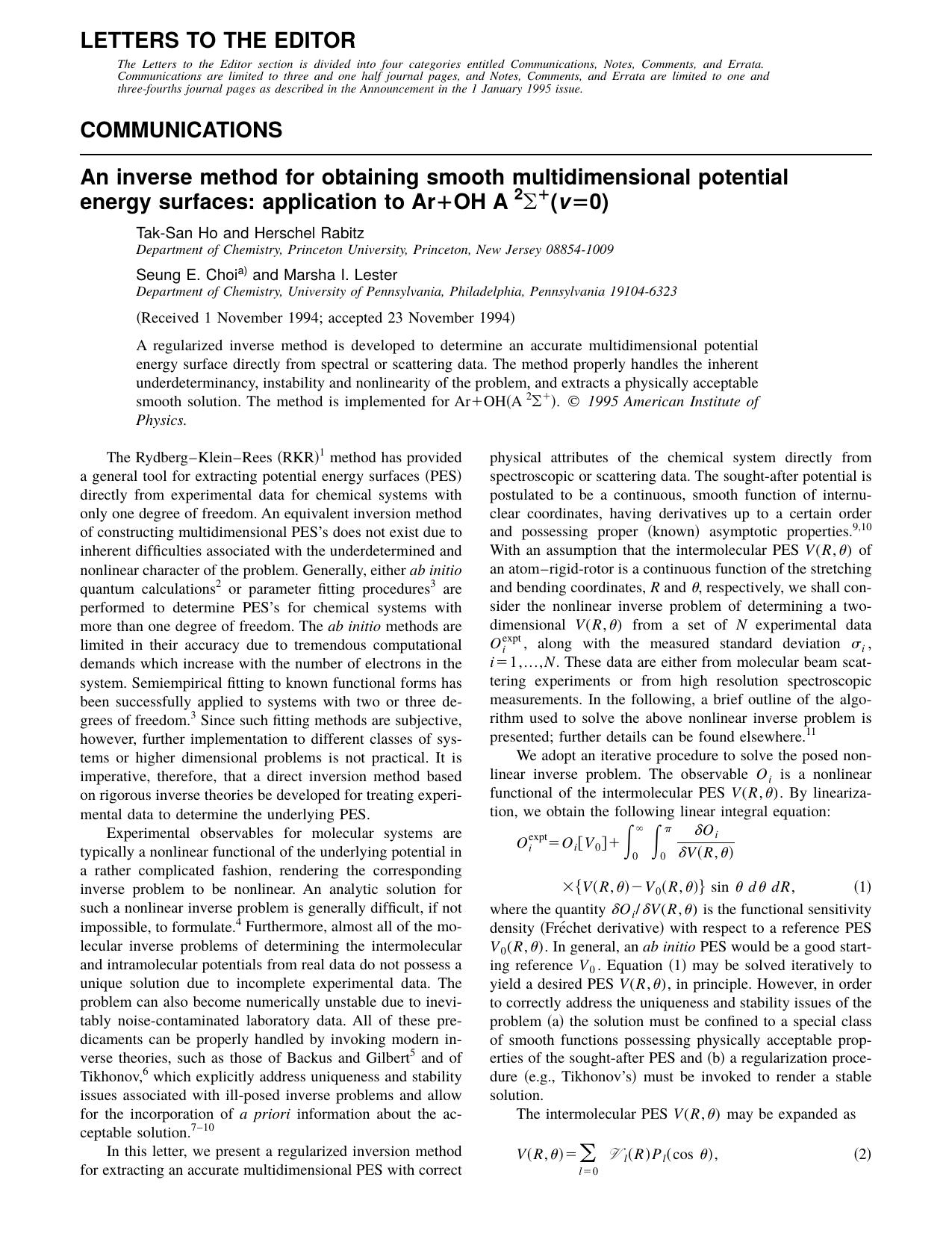 An inverse method for obtaining smooth multidimensional potential energy surfaces: application to Ar+ OH A [V=O] by Tak-San Ho and Herschel Rabitz & Seung E. Choi and
