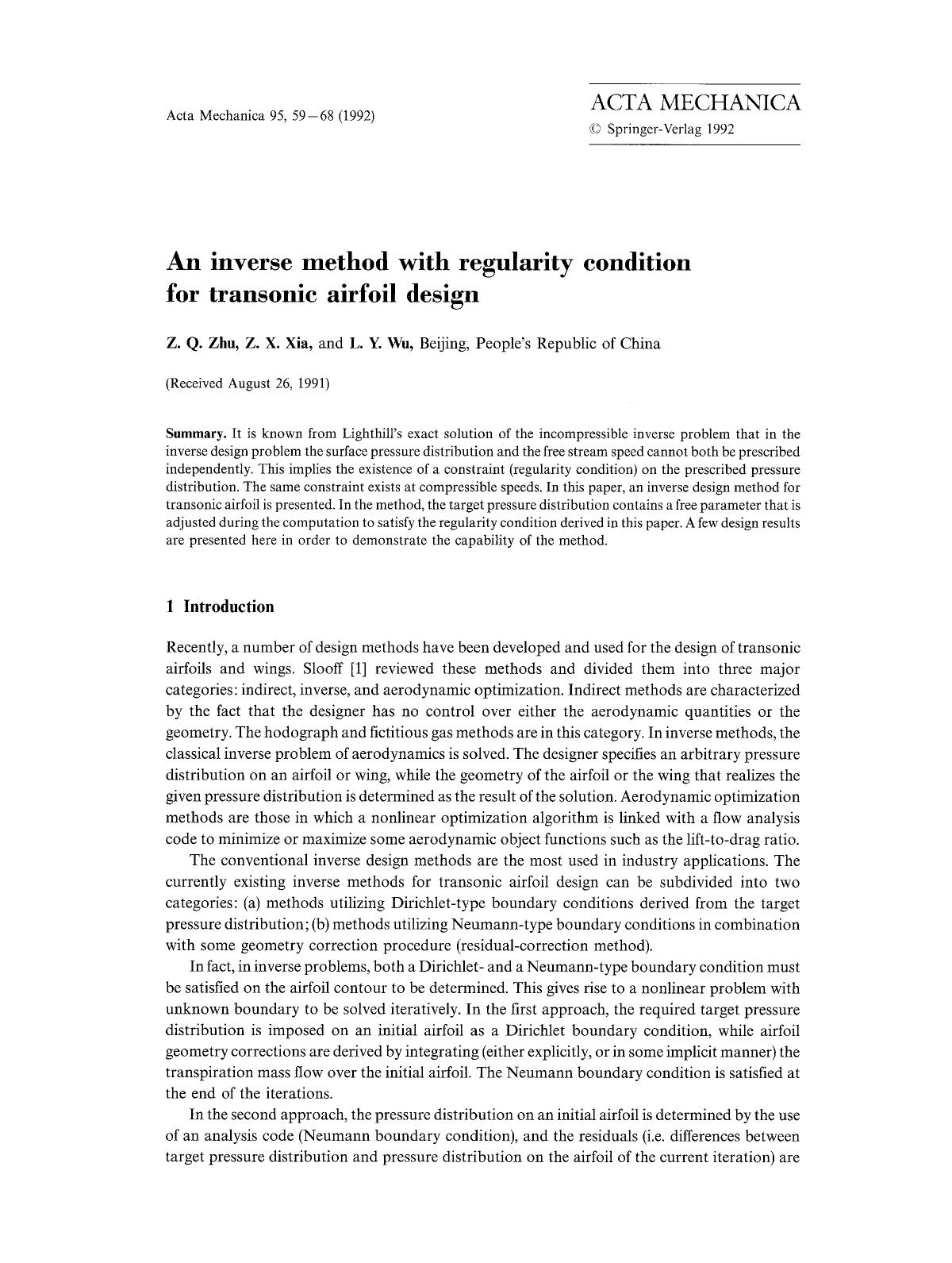 An inverse method with regularity condition for transonic airfoil design by Unknown