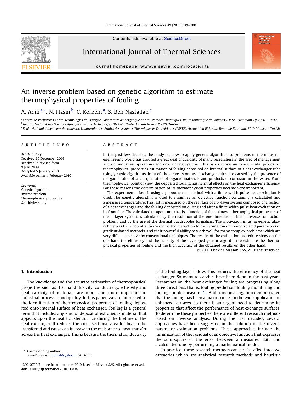 An inverse problem based on genetic algorithm to estimate thermophysical properties of fouling by A. Adili; N. Hasni; C. Kerkeni; S. Ben Nasrallah
