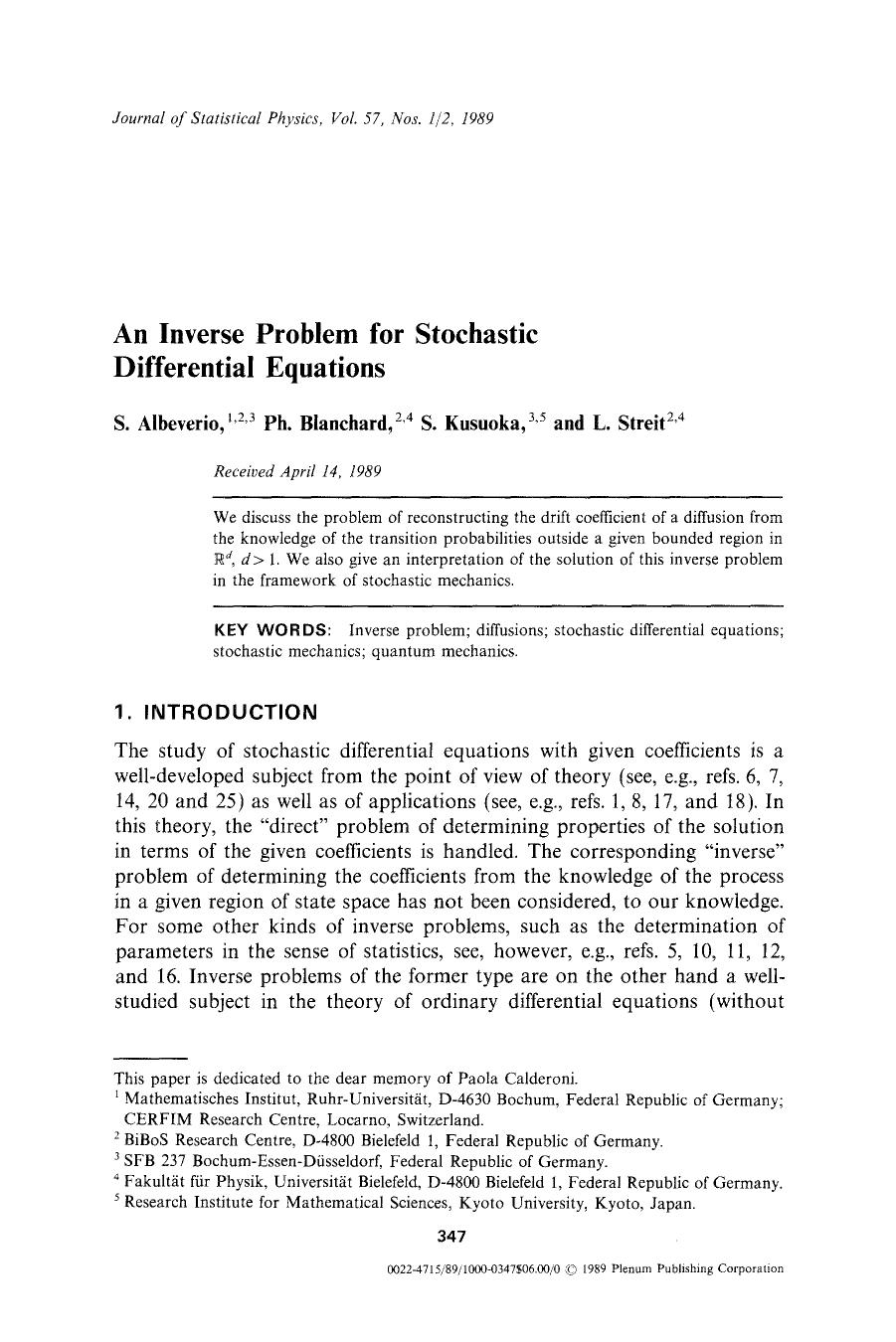 An inverse problem for stochastic differential equations by Unknown