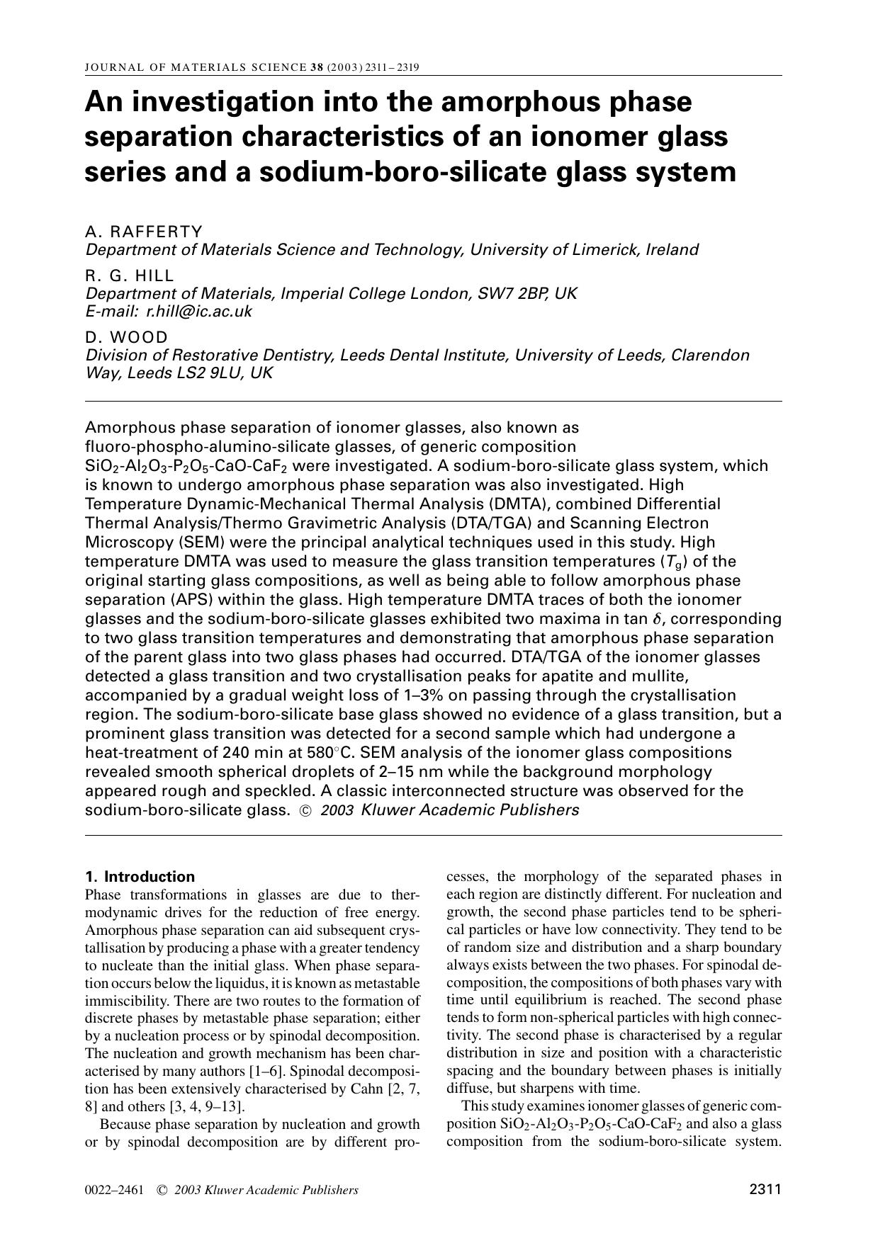 An investigation into the amorphous phase separation characteristics of an ionomer glass series and a sodium-boro-silicate glass system by Unknown